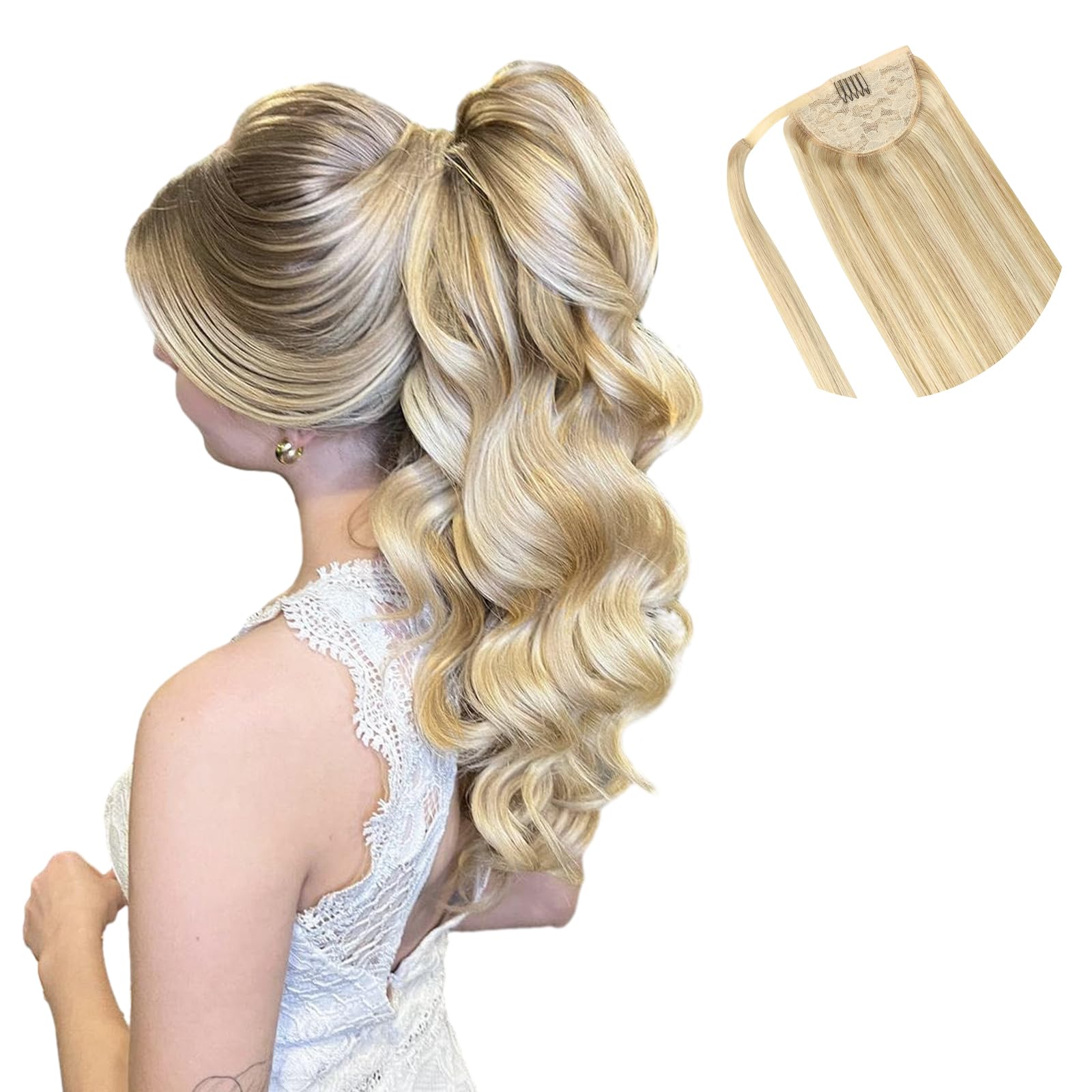 HOTBANANA Ponytail Extension, 14 Inch Ponytail Extension Human Hair Clip in Wrap Around Ponytail Hair Piece Dirty Blonde Mixed Bleach Blonde Long