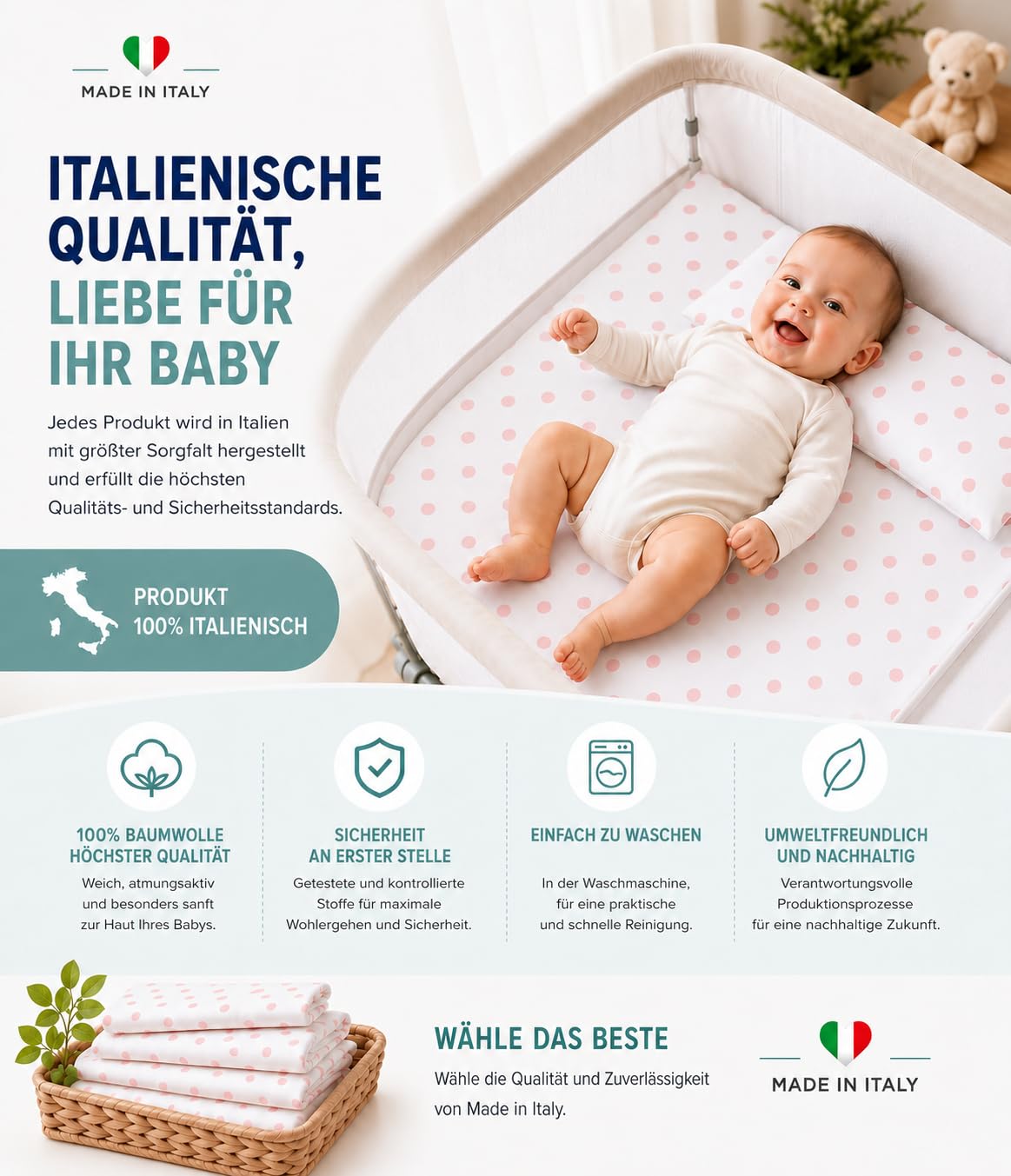 FlyIdeas Next 2 me Spannbettlaken Beistellbett Baby 83x50 cm, 8 STK - Komplett-Set mit wasserdichte Matratzenschoner für Baby Beistellbetten Next to me und Matratzen 50x83 und ähnlich, 100% Baumwolle