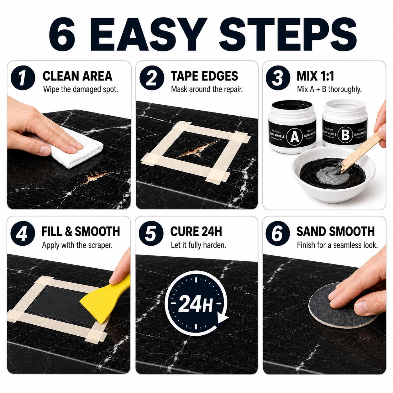 Kit Riparazione Piastrelle Nero, Colla per Ceramica, Stucco per Piastrelle, Colla per Piastrelle per Scheggiature, Crepe, Graffi su Piani di Lavoro in Granito, Marmo, Quarzo