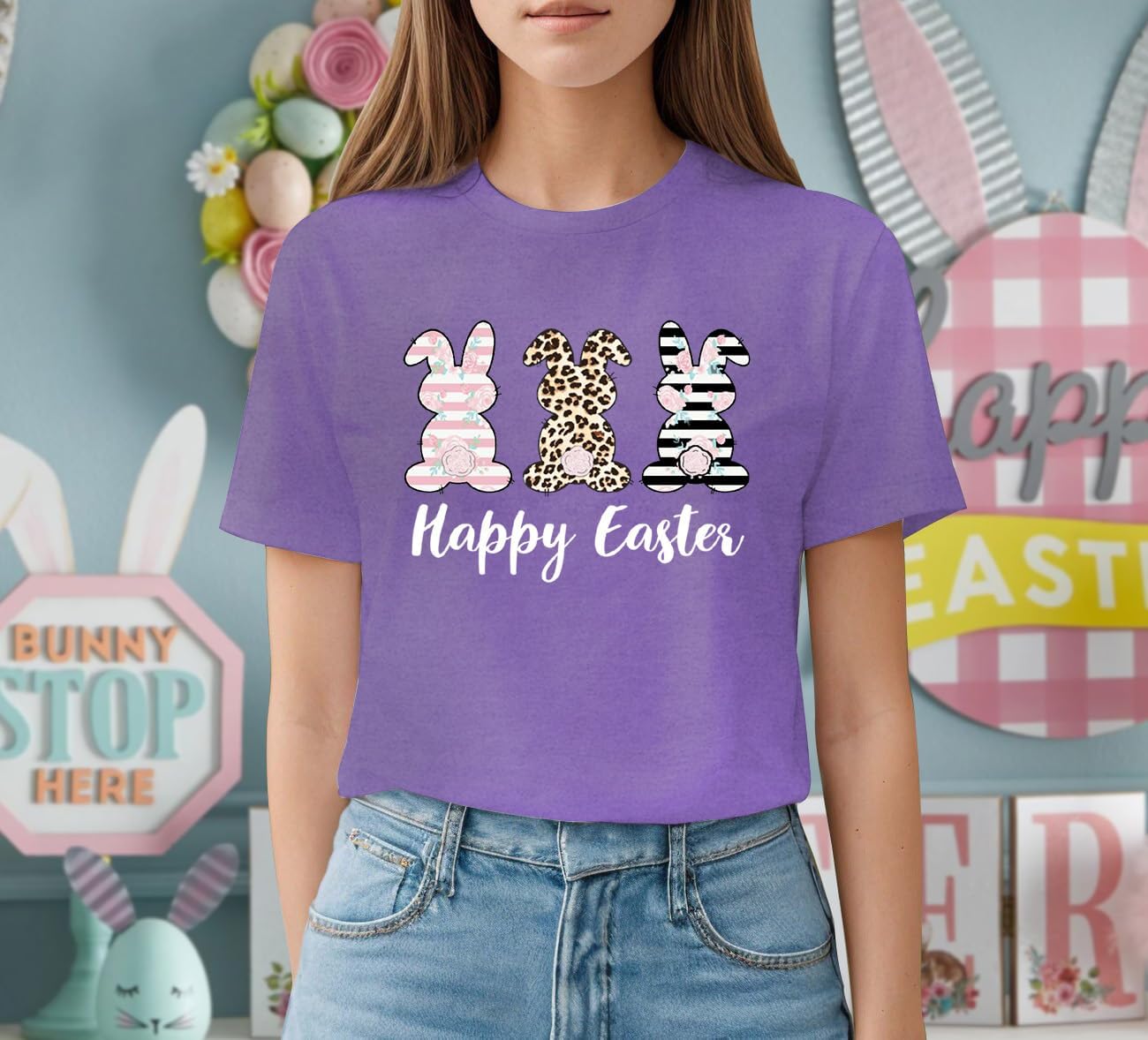 Easter Bunny Shirts for Women Happy Easter T-Shirt Cute Leopard Rabbit Face Tshirt - Image 3