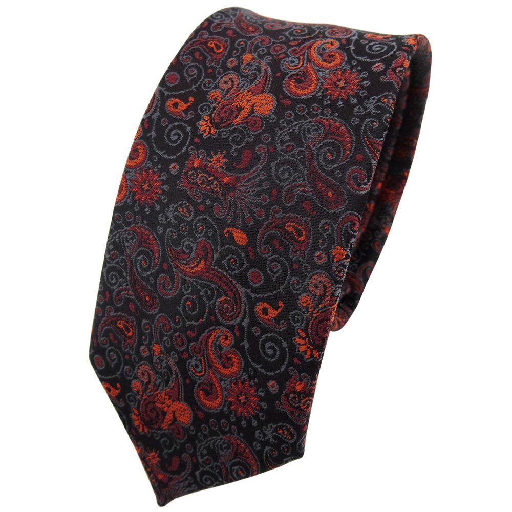 TigerTie narrow tie necktie in orange brown black gray Paisley and Ornamente patterned - Tie necktie