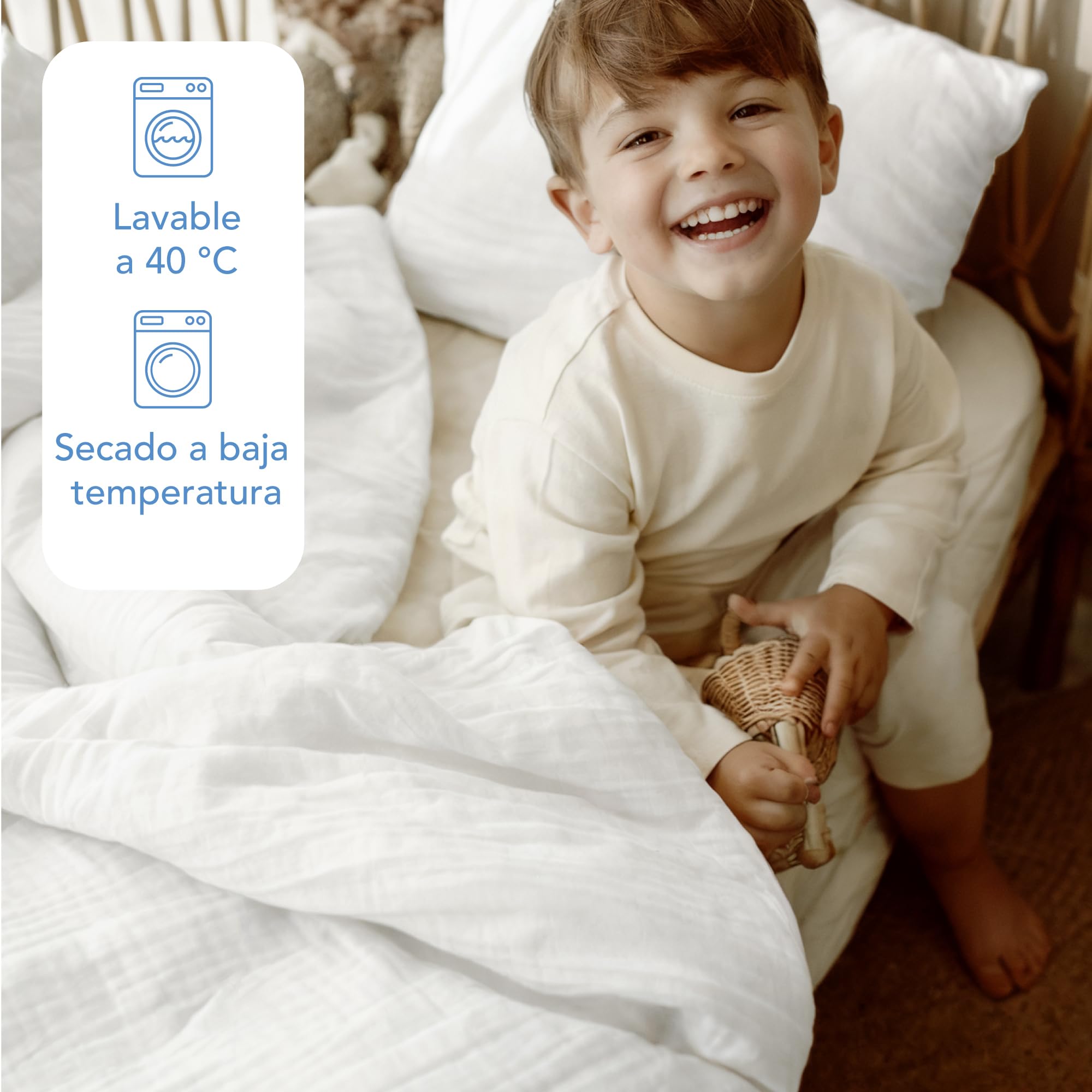 Dreamzie Funda nordica 135x200 cm con Funda de Almohada 80x80 cm – Ropa de Cuna en Muselina de algodón certificada Oeko-Tex – Color Blanco