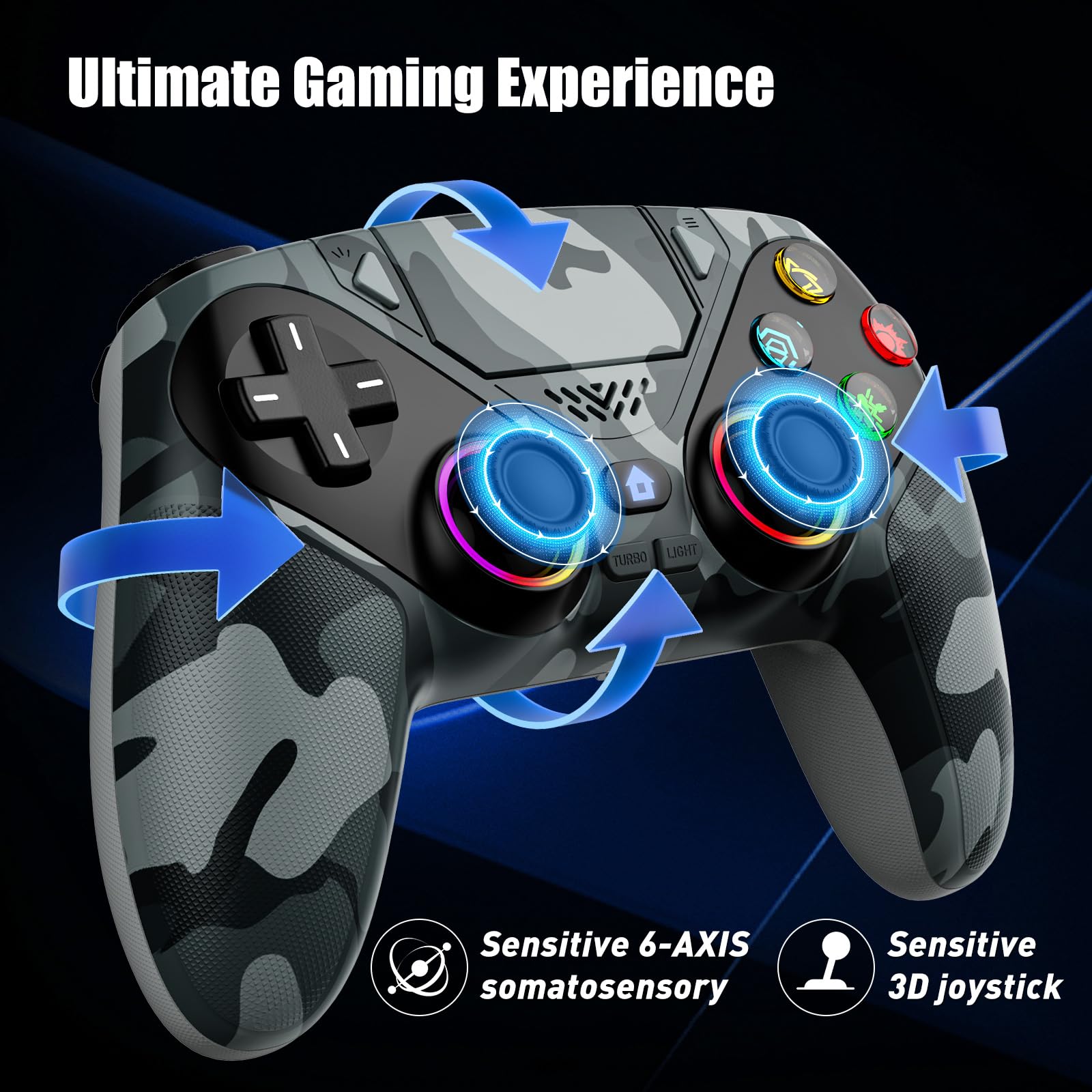 Dinosoo RGB Wireless-Controller für PS5/Pro/Slim/PC, Bluetooth-Gamepad mit Paddles auf der Rückseite, Touchpad, Dual-Motor-Vibration, 6-Achsen-Bewegungssteuerung, Makro- und Turbo-Modus