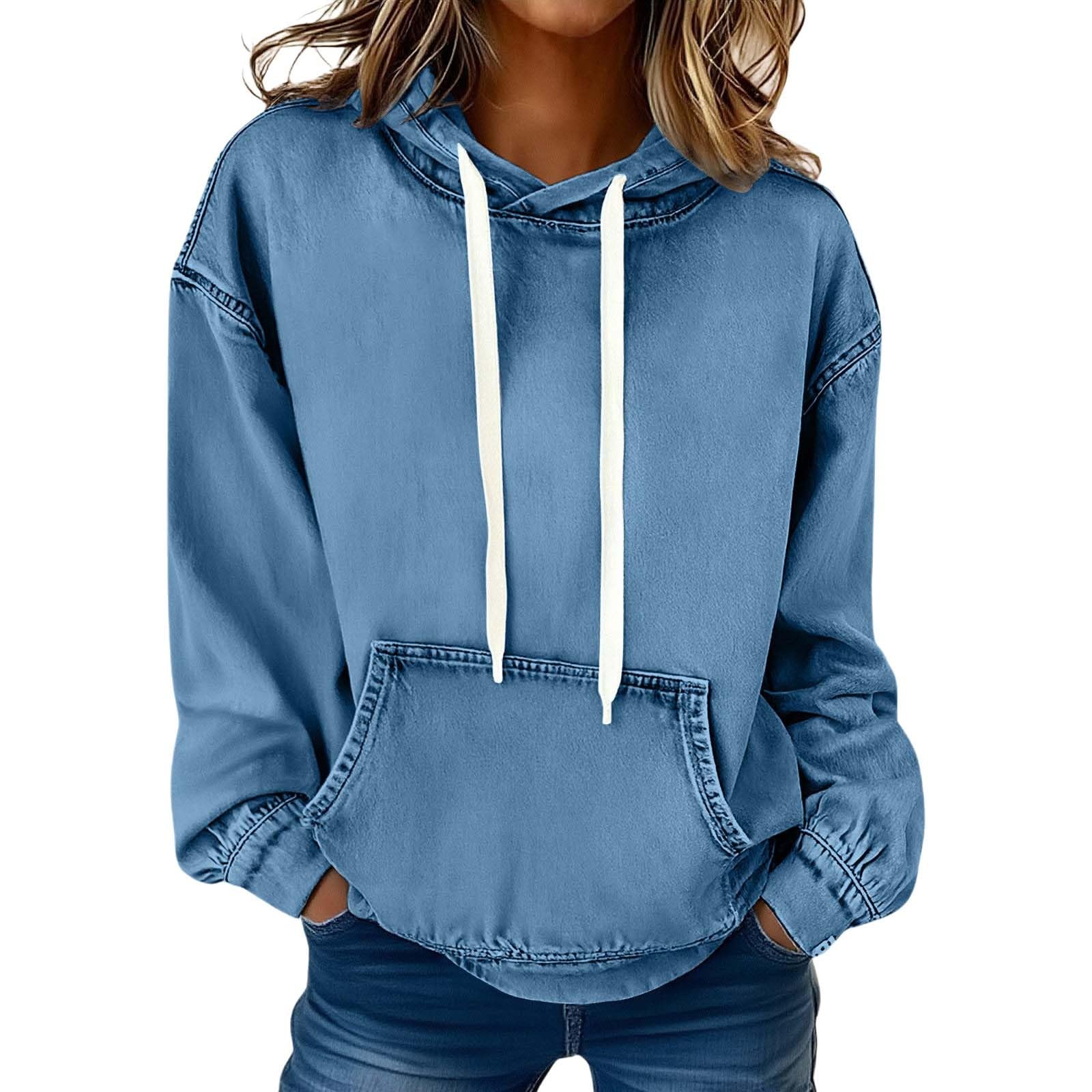 Generisch Sweat à capuche pour femme - Oversize - En jean - Manches longues - Couleur unie - Décontracté - Pour le sport - Streetwear - Mode - Veste à capuche chaude pour l'automne - Pour femme
