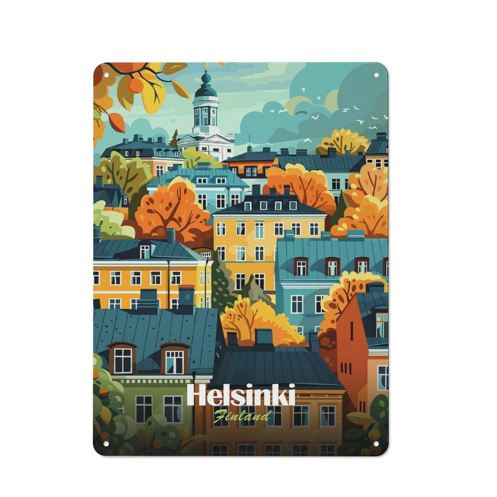 Junmoney Style-2 Metal Wall Sign 40X30cm Featuring Helsinki Finland Cityscape For Bar Or Restaurant, Gift For Bar Decor Enthusiasts During The Christmas Season