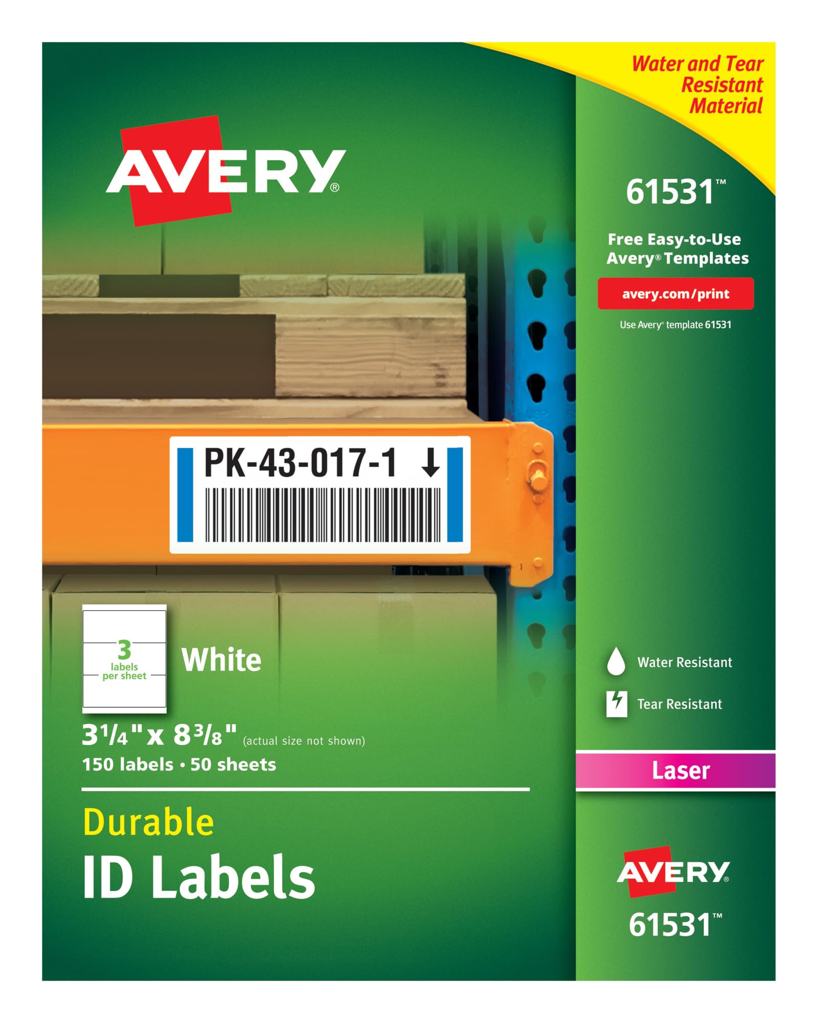 Avery Lazer Yazıcılar için Dayanıklı Beyaz Kapak Kimlik Etiketleri, 3,25 x 8,375, 150'li Paket (61531)