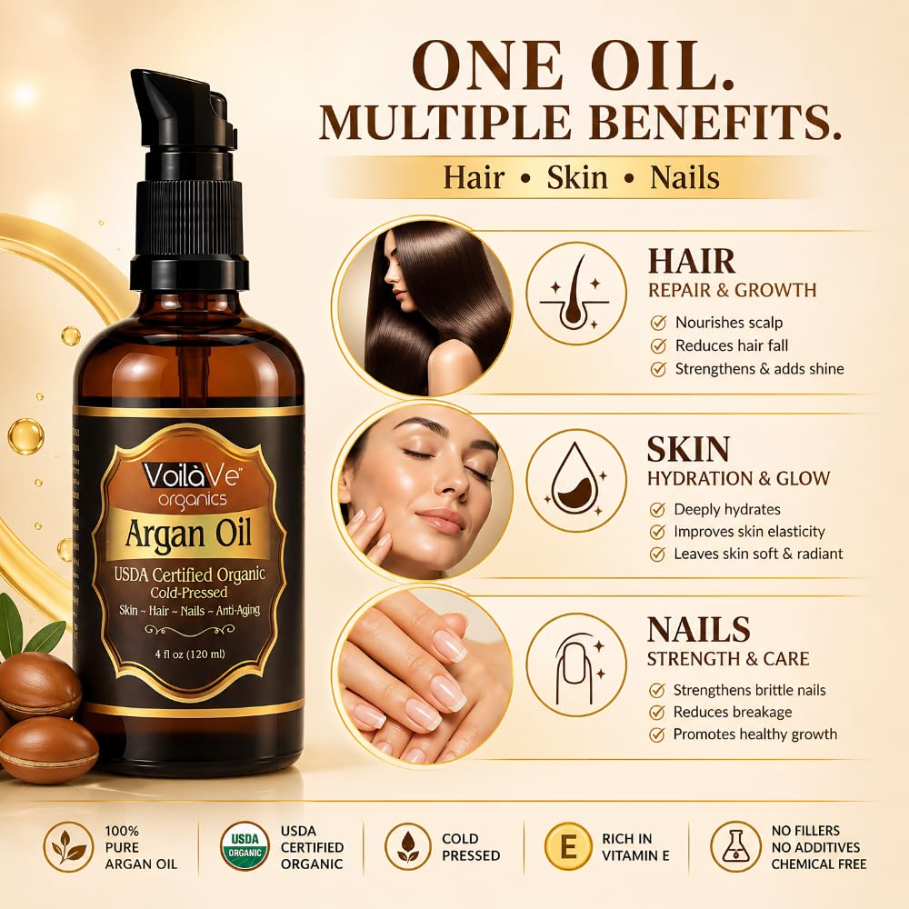 Organiczny olejek arganowy do włosów i twarzy - Cold-Pressed 100% czysty olej arganowy Moroccan - ECOCERT i USDA Certified Organic - Miracle Beauty Oil for Skin, Hair & Nails - wygodna butelka z
