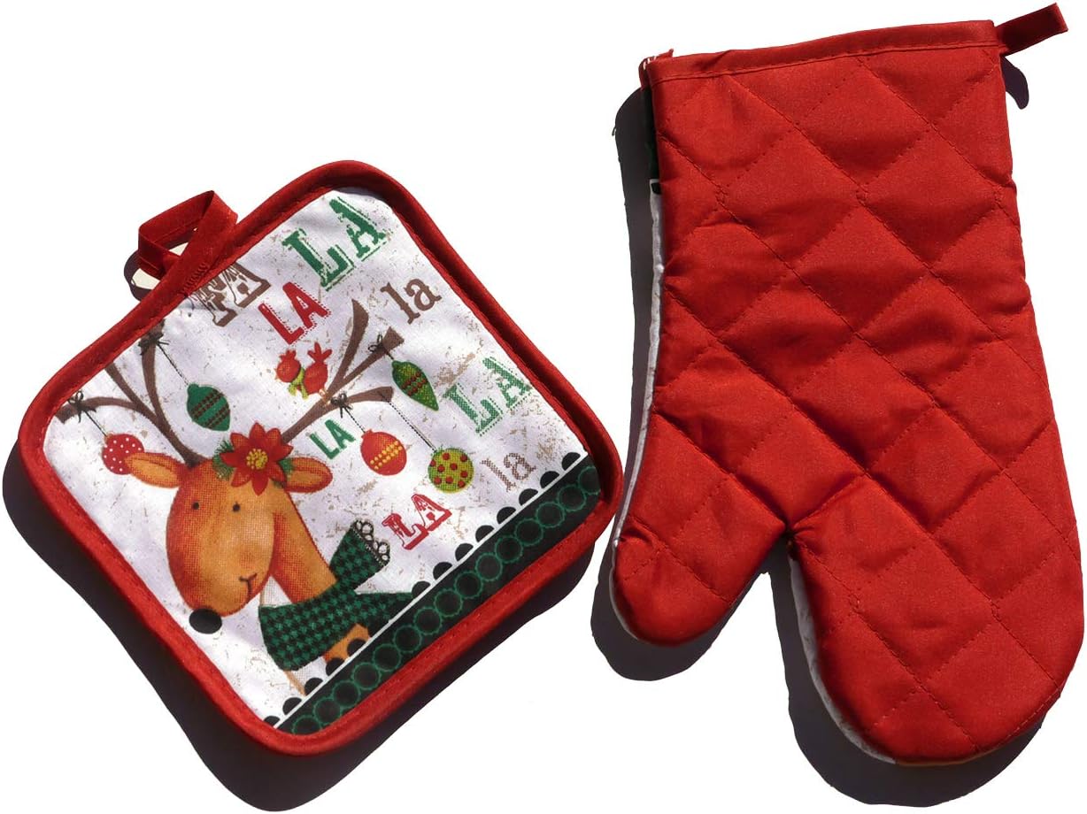 Christmas Kitchen Towels and Dish Cloths Set – Reindeer Holiday Bundle Includes 6 Items with Matching Pot Holder and Oven Mitt, Reindeer