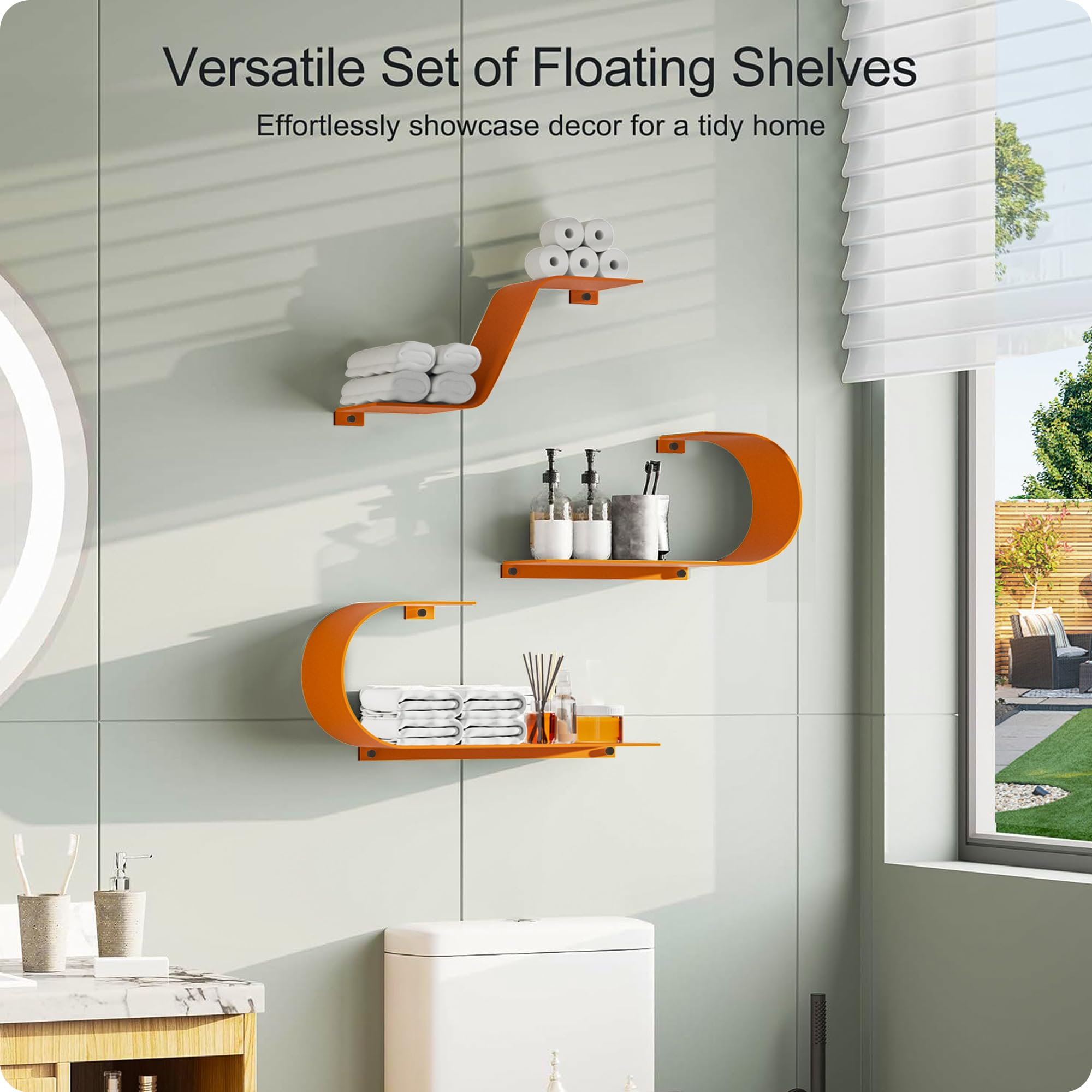 Orange Schweberegale 3er Set, Orange Metall Dekor, Einzigartiges montiertes Schweberegal Modern Langes Wandregal, Große Wandregale für Schlafzimmer, Badezimmer, Wohnzimmer