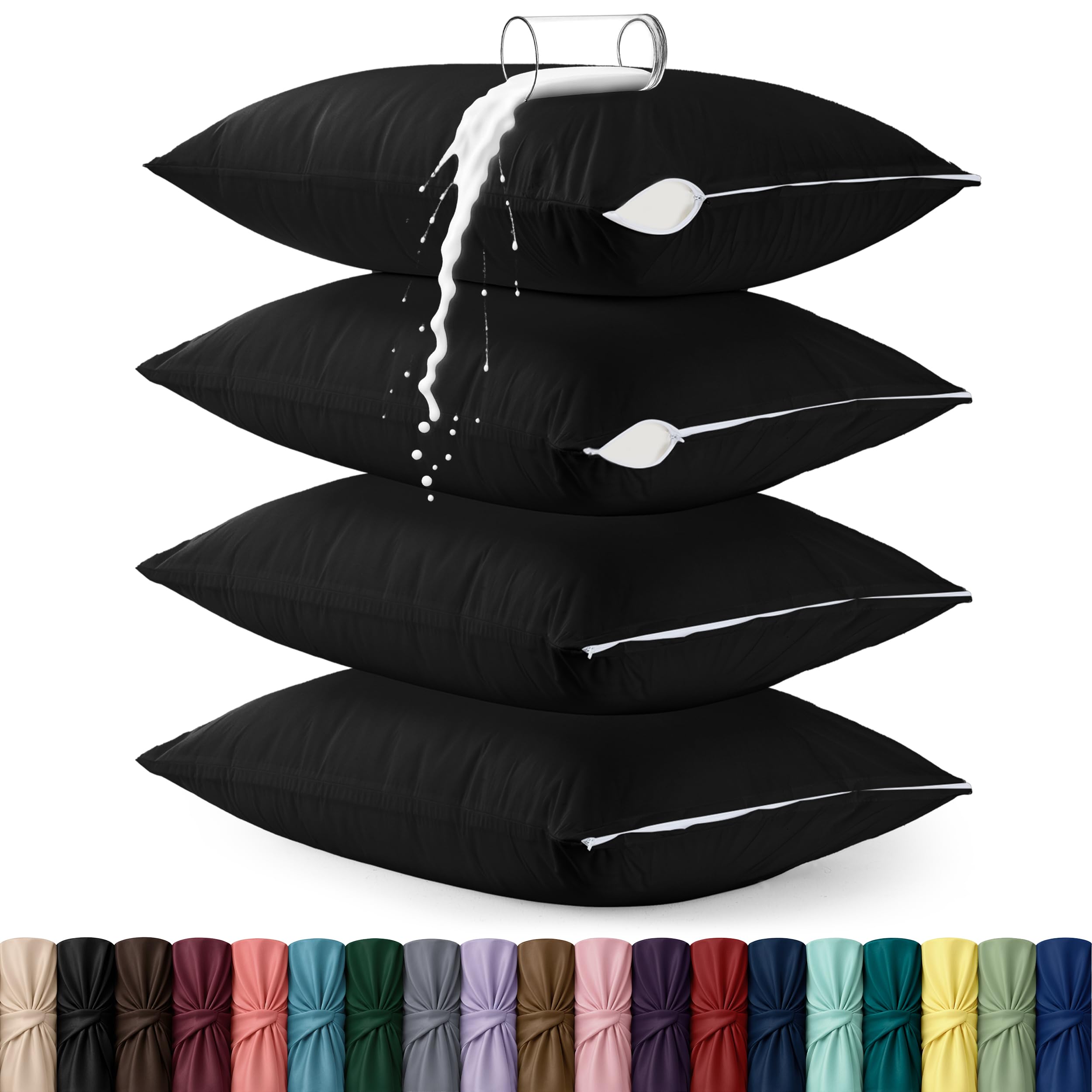 Set of 4 Pillow Protectors with Zipper Queen Size, Pillow Covers