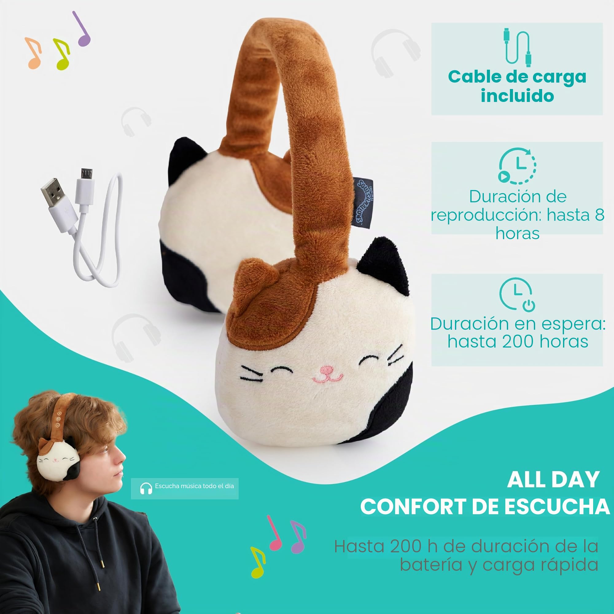 Squishmallows CAM The Cat - Auriculares Bluetooth de Felpa con micrófono Integrado para Hacer y Recibir Llamadas. Rango Bluetooth de 10 Metros, Control de Volumen, Almohadillas de Felpa Suave con