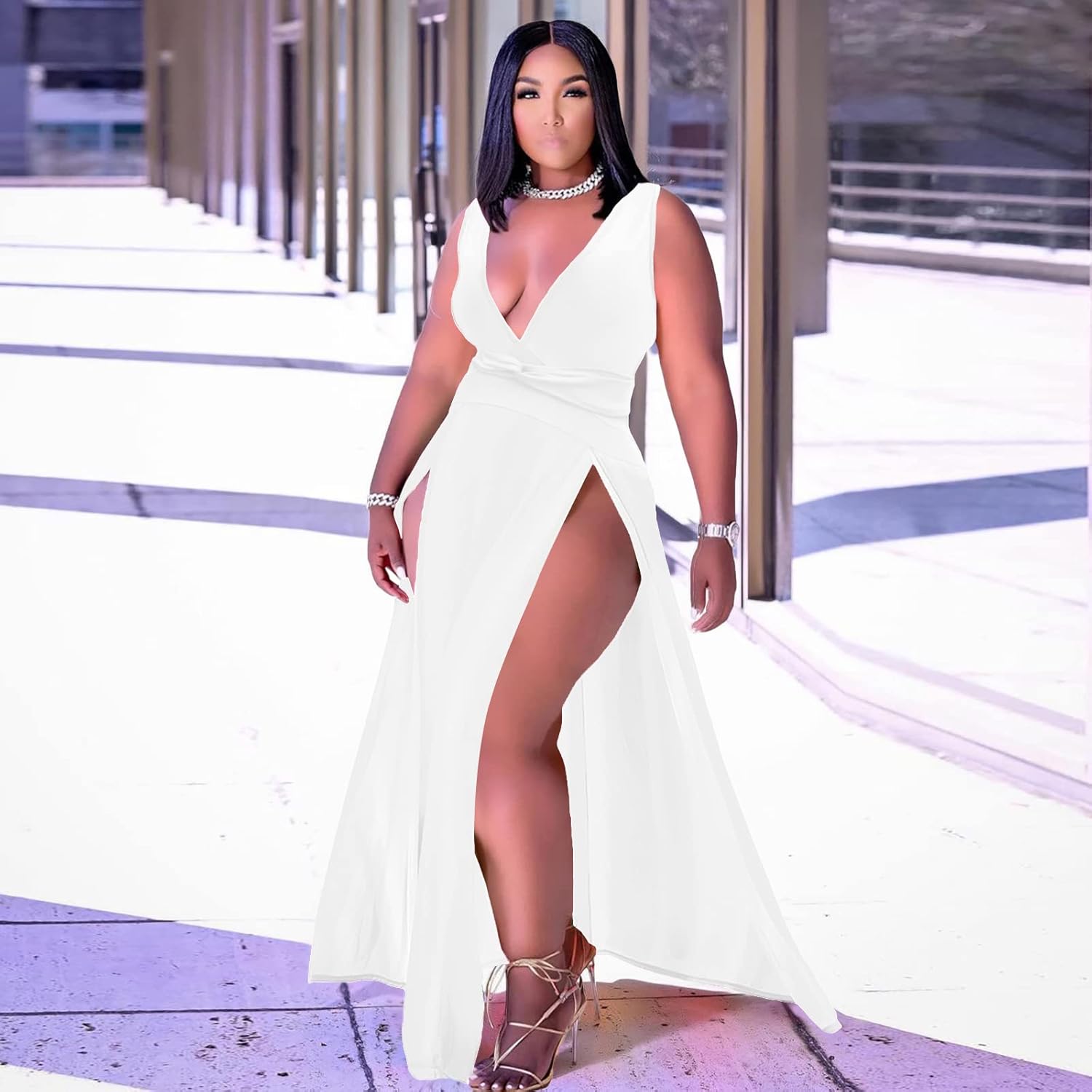 Ekaliy Women's Plus Size Sleeveless Deep V Neck Front Split Long Maxi Wrap Dress - Image 3