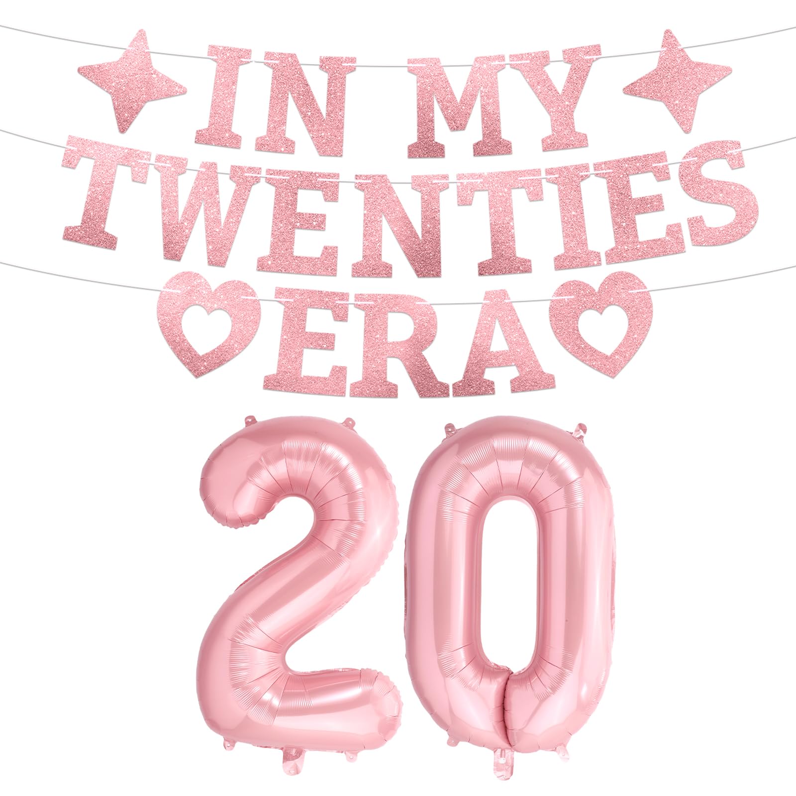 Pink 20th Birthday Decorations for Women, Pre-Strung Glitter In My Twenties Era Banner & Foil 20 Number Balloons for Her 20-Year-Old Birthday Party Decor Supplies