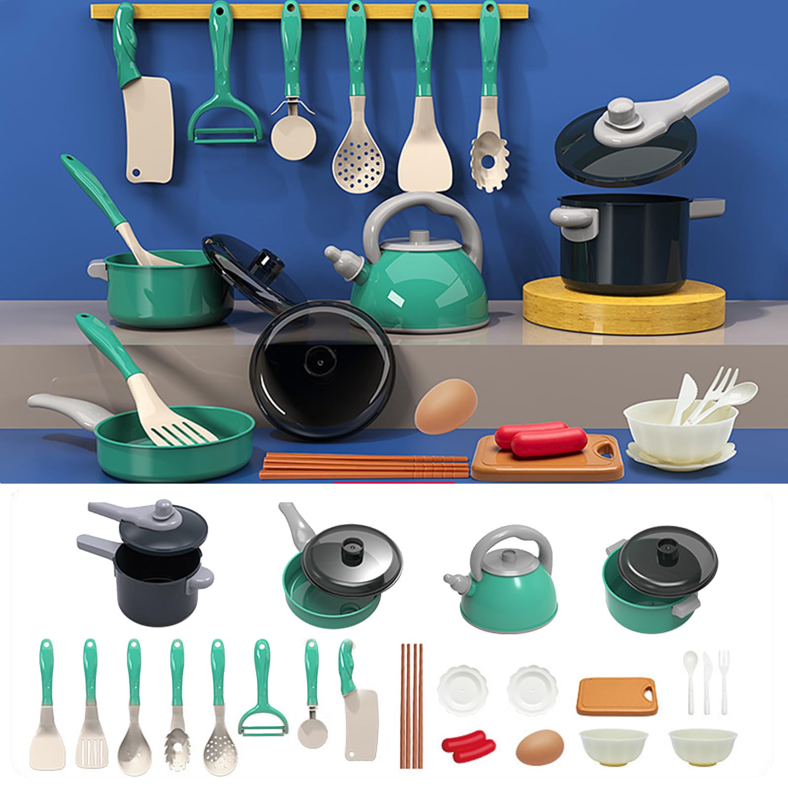 Kid Cooking Sets, Mini Kitchen Food Making Kit Educational Toy for Children, Montessori Cooking Tools with Dishes Set (green)