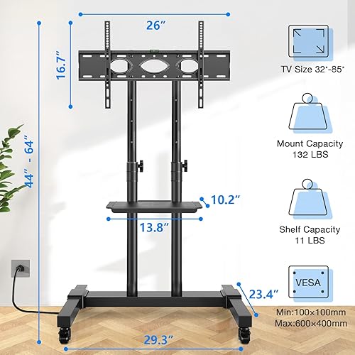 Miniatura 7 de Rfiver Soporte de TV móvil mejorado con ruedas con toma de corriente, carrito de TV rodante resistente para televisores de 32 a 85 pulgadas de hasta