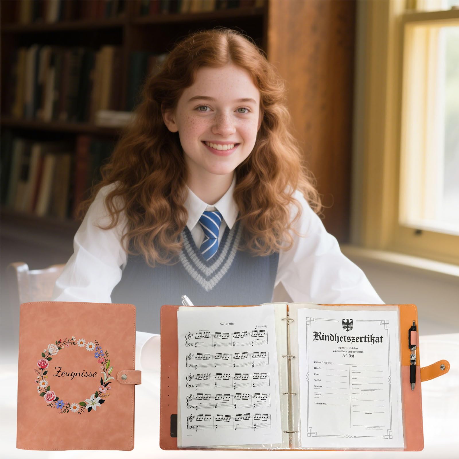 Zeugnismappe Mädchen A4 Mit 40 Hüllen - PU Leder Farbige Blumendrucke Schnellhefter Ordner Dokumentenmappe Schule Zubehör Fächermappe Abitur Geschenke und zur Einschulung Geschenke (Rosa)