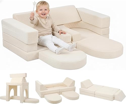 MeMoreCool Sofá modular de 10 piezas para niños, sofá de espuma de pana beige para niños pequeños, muebles de sala de juegos convertibles y juego de