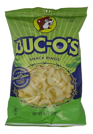 Buc-ees Buc-Os Sweet Onion Flavored Snack Rings Puff Snacks From Texas, Gluten Free, Each Bag is 2 Ounces One 2 Ounce Bag