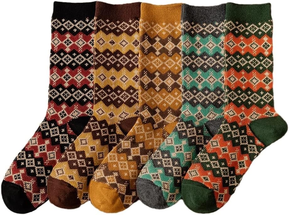 Women Socks Spring Autumn Retro Cotton Men Couple Square Pattern Colorful