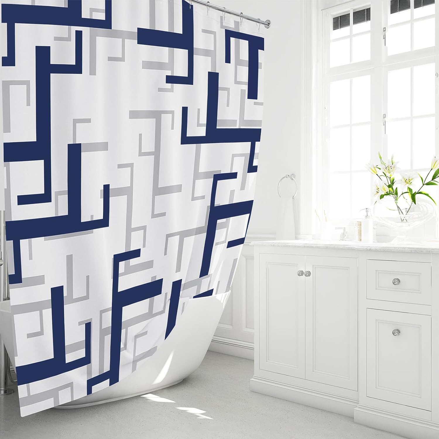BTTN Navy Blue Geometric Water Repellent Fabric Shower Curtain Set, 72x72