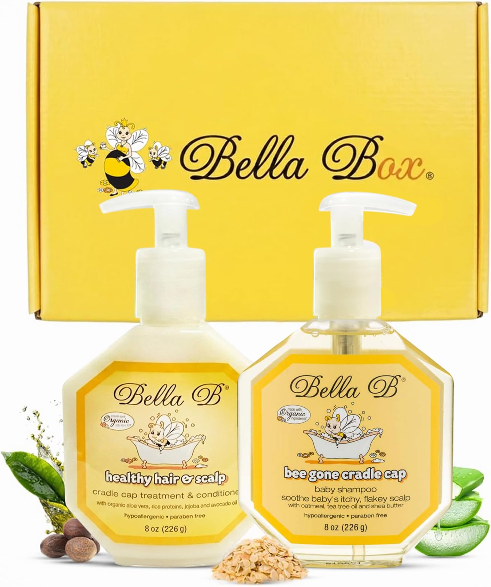 BELLA B GIFT SET Organic Cradle Cap Shampoo & Conditioner Treatment for Babies 8oz, Natural Ingredient Baby Shampoo with Complete Care Set for Baby Cradle Cap | Baby Hair Conditioner for Toddler