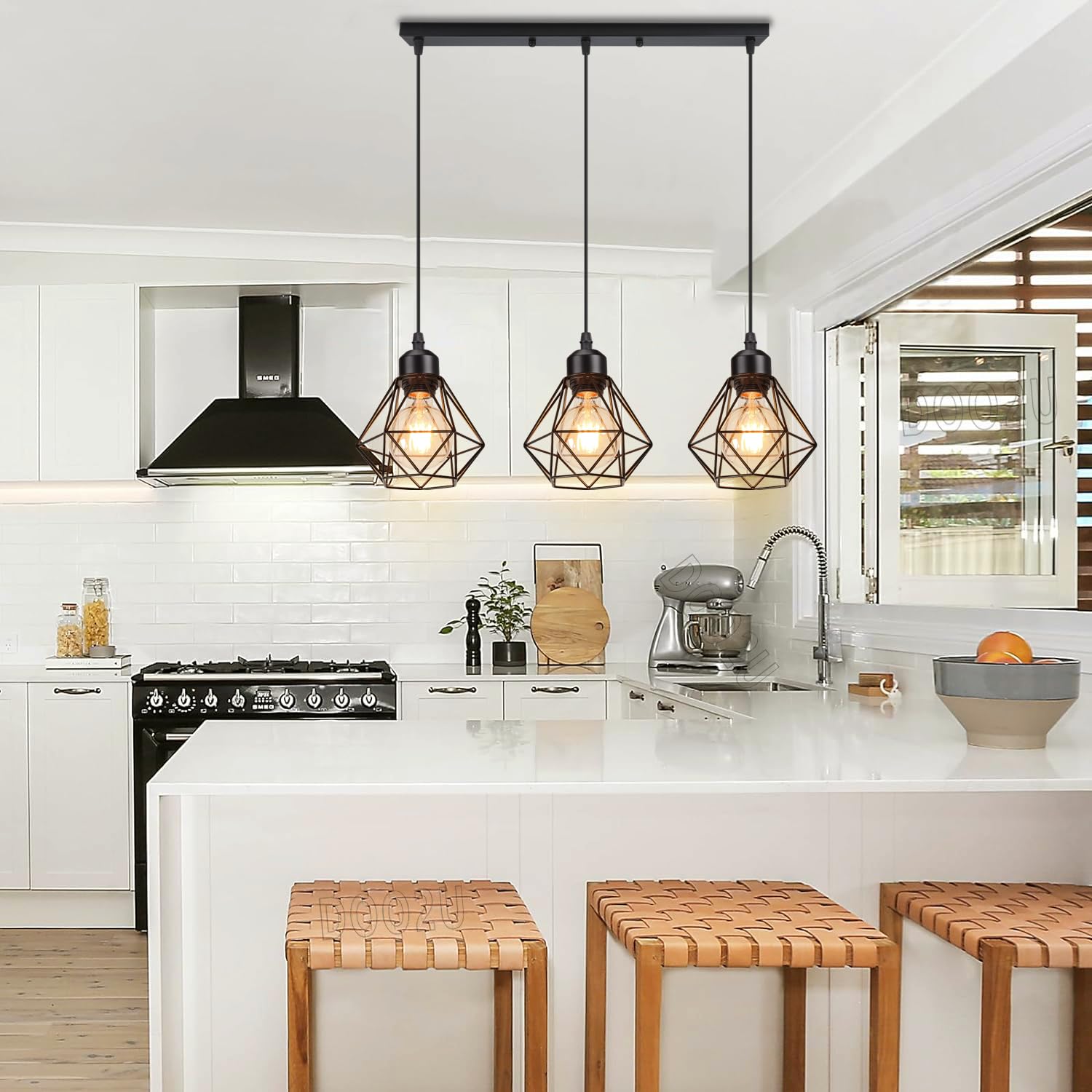 Lampara Colgante E27 Vintage Industrial Lámpara de Techo Colgante Negro Retro 3 Luces Iluminación Para Cocina Comedor Sala de estar (16cm-con barra)