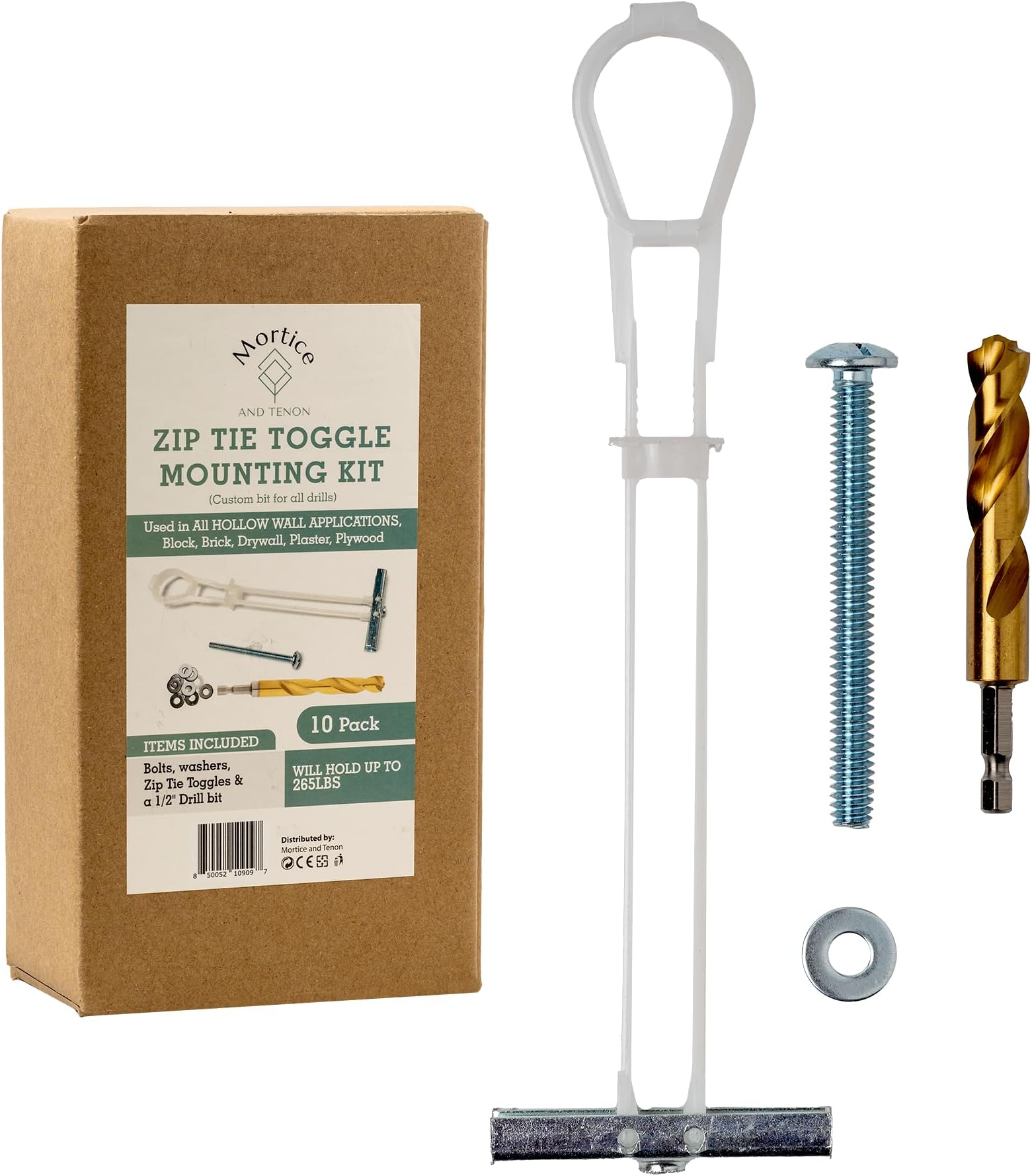 Heavy Duty Zip Tie Toggle Anchor Mounting Kit - Drywall Anchors and Screws - Includes Washers, Bolts, and Custom Drill Bit - Used to Hang Heavy Items Including tv Mount - 1/4"-20x 2 1/2" Bolt 10 Pack