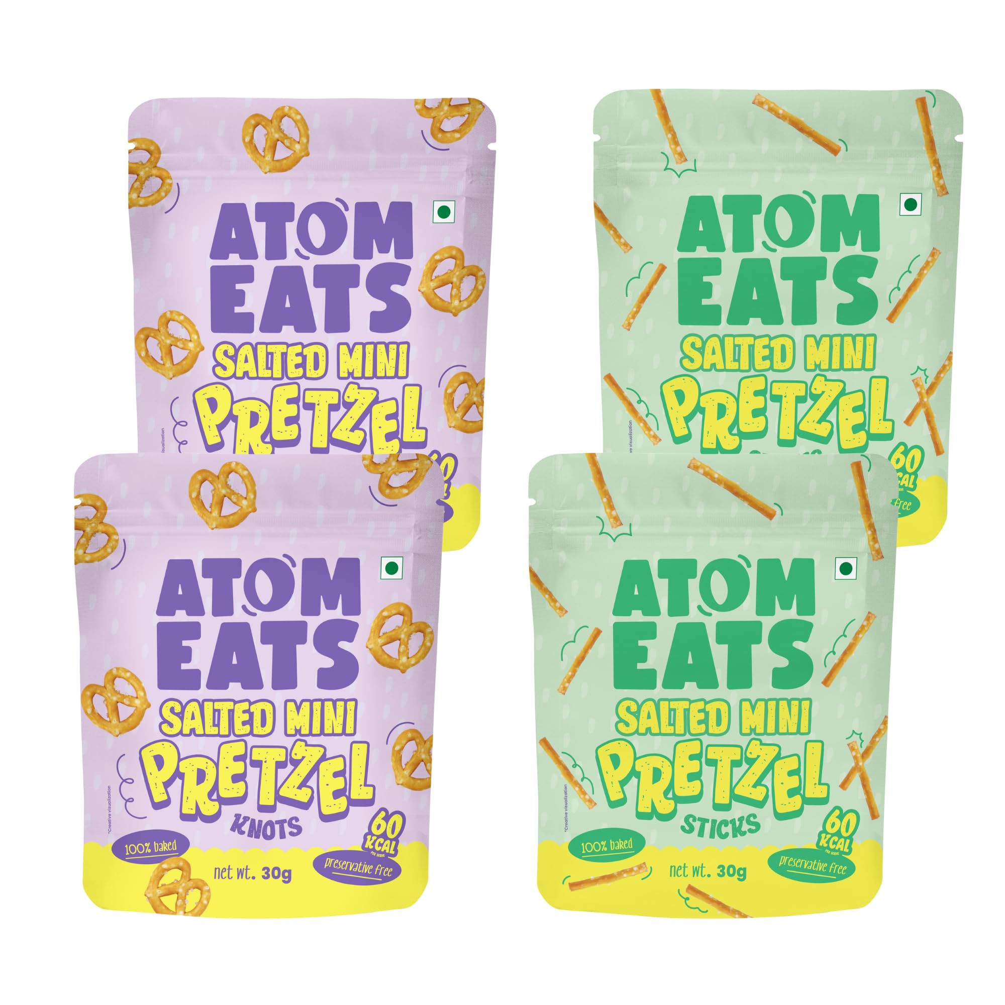 Atom Eats | Salted Pretzel Mini Knots & Mini Sticks Combo - (Pack of 4) 30g Each | Crunchy Namkeen Snacks, Perfect Party Food, On-the-Go, Dipping & Snack Box | Delicious & Imported Quality