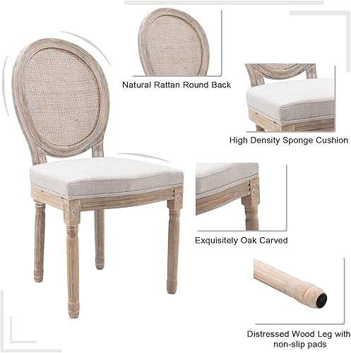 Miniatura 4 de ZHENGHAO Juego de 2 sillas de comedor con respaldo redondo de caña francesa, sillas de cocina retro de granja, sillas de madera envejecida para