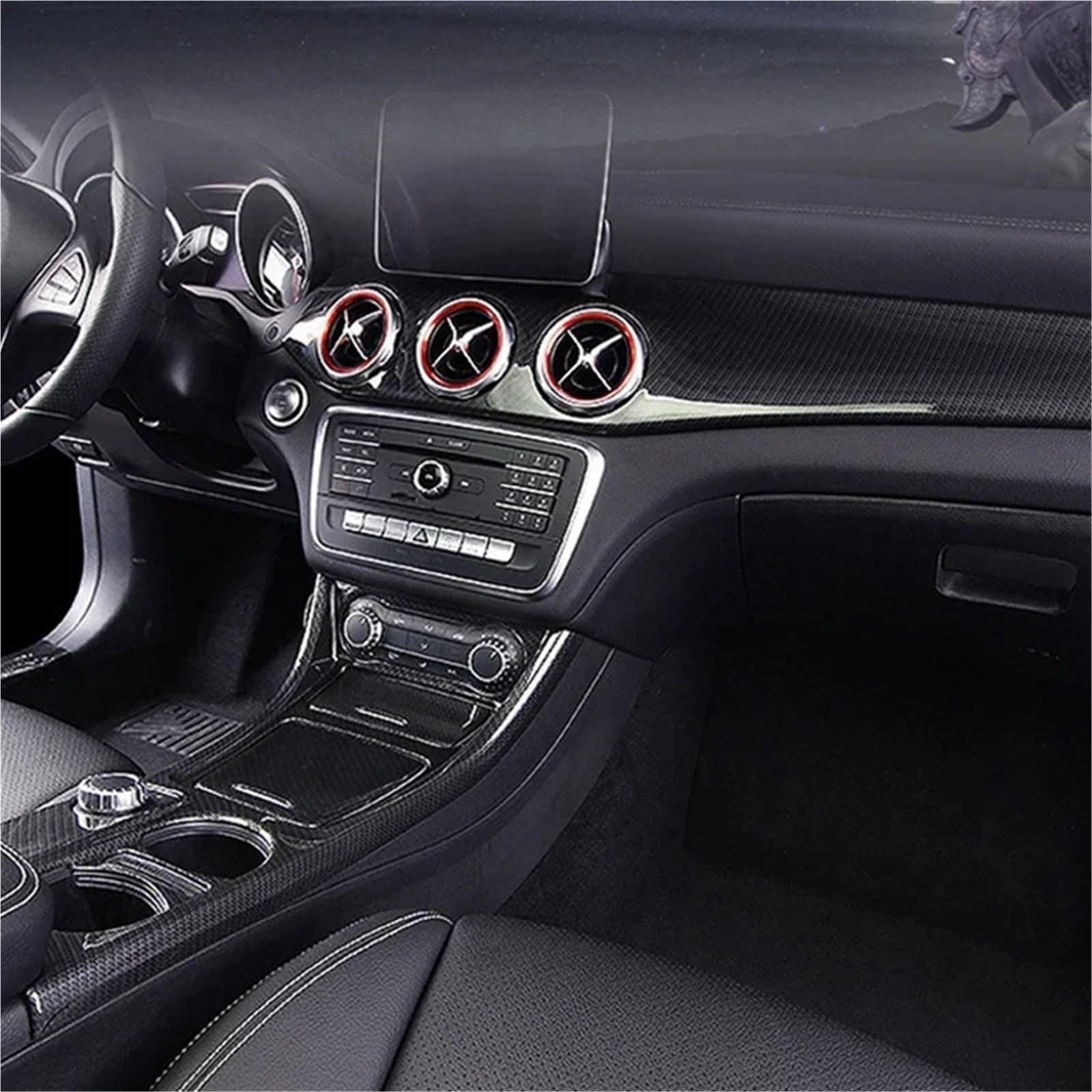 Folia na panel‌ Okleina skrzynia biegów‌ Osłona panelu uchwytu na kubek z wodą na konsolę środkową samochodu pasuje do Mercedesa GLA CLA Klasa A W176 2013-2018 LHD ABS Włókno węglowe