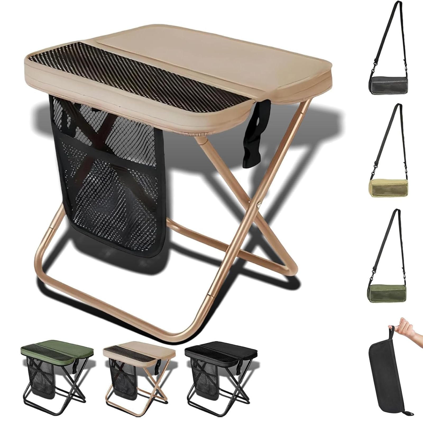 Tabouret de camping pliable et portable, compact avec poche latérale, siège pliable léger pour camping, pêche, randonnée, voyage, pique-nique