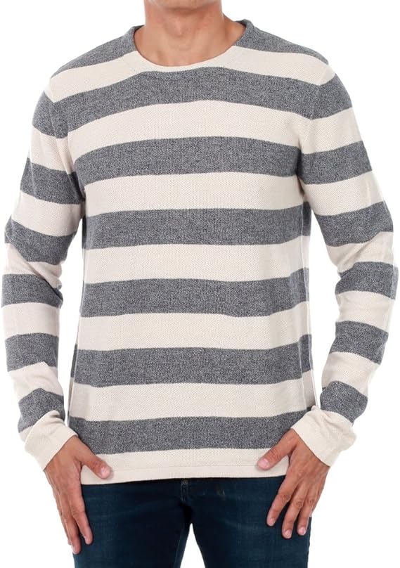 Jack&Jones Pullover Men Off-White Striped 12119386 JJVBAYAMO Knit Crew Neck White Melange/ONE 