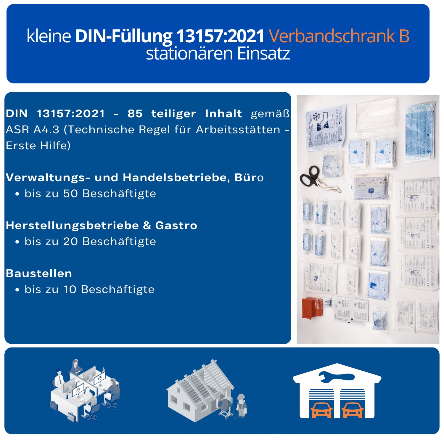 First Aid Products Verbandschrank B – inkl. DIN 13157:2021 Füllung – Metall, 3 Ablageflächen, abschließbar – Betriebsverbandkasten, Büro, Betrieb, Versammlungsstätte & Werkstatt – 46×30×14 cm