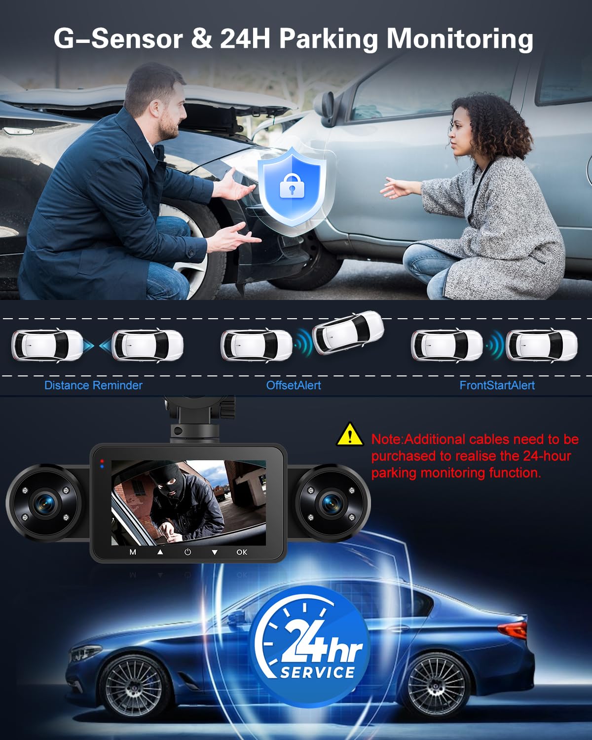 NHOPEEW Dash CAM de 4 Canales con Pantalla táctil IPS de 3 Pulgadas Frontal y Trasera con 8 Luces IR de visión Nocturna, grabación en Bucle, grabación de 24 Horas, Sensor G + Tarjeta TF de 64 G