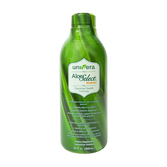 Univera Aloe Vera Juice, Preminum Organic Aloe Vera, Digestive Enzymes for Gut Health, Immune Support, Prebiotic Supplement, Mango Flavor, 30 Day Supply (33 fl oz)