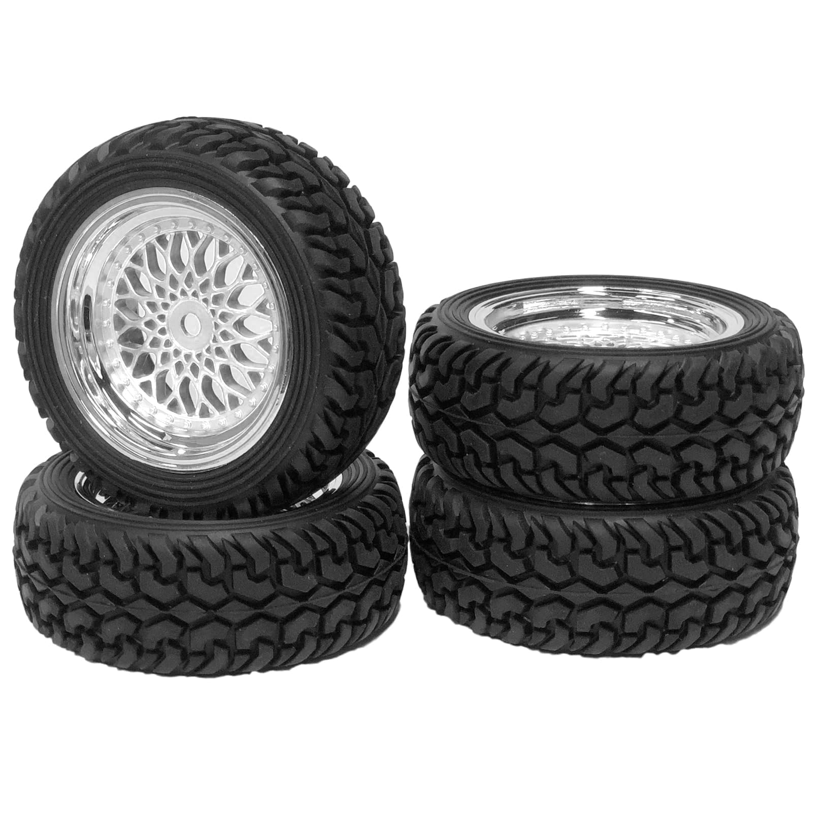 KINGCOO 4PCS 75mm RC Rally Rubber Tyre 1.9 inch Plating Plastic Wheel Rims Tires 12mm Hex for 1/14 1/16 1/10 RC On Road Racing Car for Kyosho HSP HPI SCX10 TRX4 Tamiya (Silver - Image 3