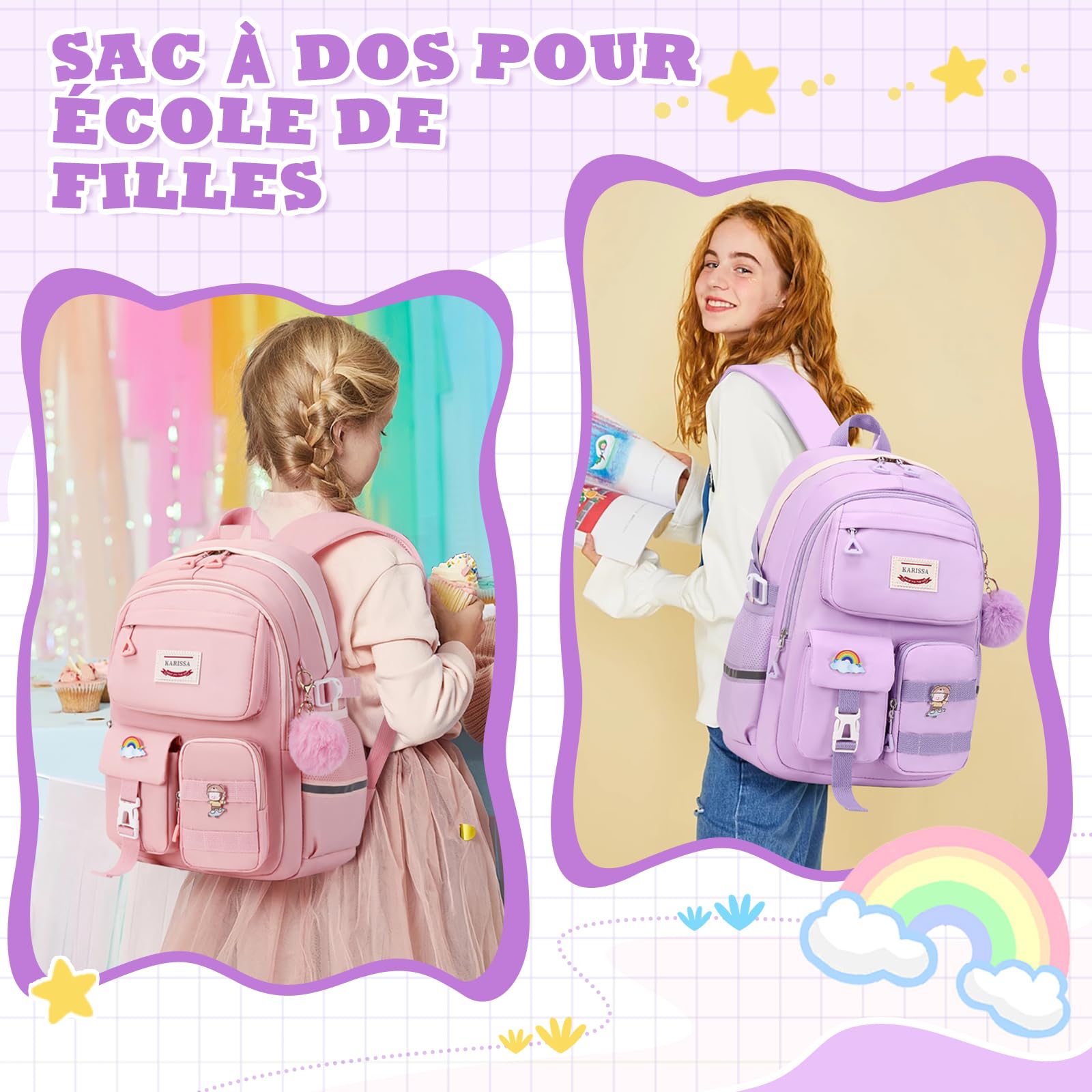 Sisipoet Sac à Dos Fille, Cartable Primaire Fille 10-18 Ans, Sac d'école Respirant Imperméable Nylon, Cartable Enfant avec Accessoires, Léger Confortable pour École et Voyage