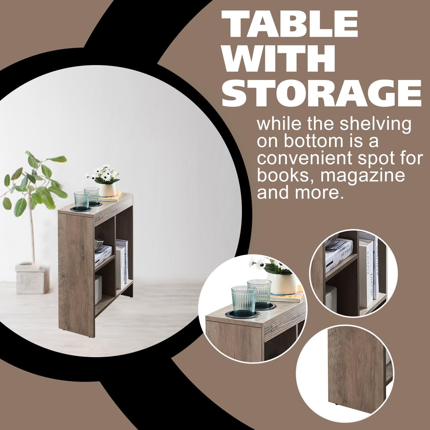 Kings Brand Furniture Narrow Chairside End Table with Pull-Out Tray & Storage Shelves, Slim Wood Nightstand for Bedroom & Living Room – Walnut