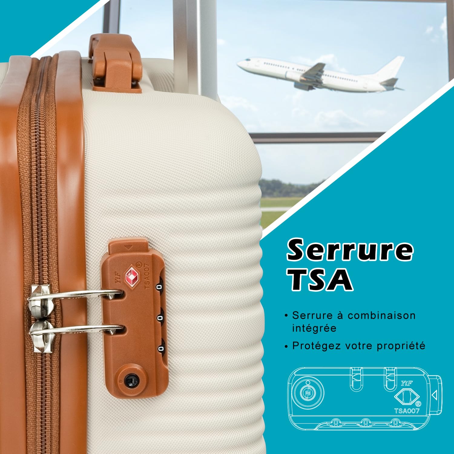COOLIFE Valise Cabine 55x40x20 Easyjet Bagage Cabine Coque Rigide ABS Serrure TSA 4 Roues Pivotantes 360° Blanc Marron