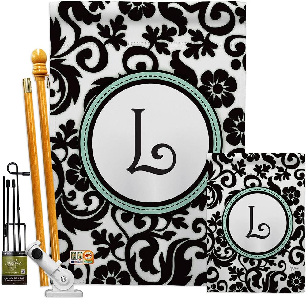 Damask L Initial House Flag Monogram Country Living Simply Beauty Floral Vintage Letter Everday Classic Small Decorative Gift Yard Banner Made In USA 28 X 40