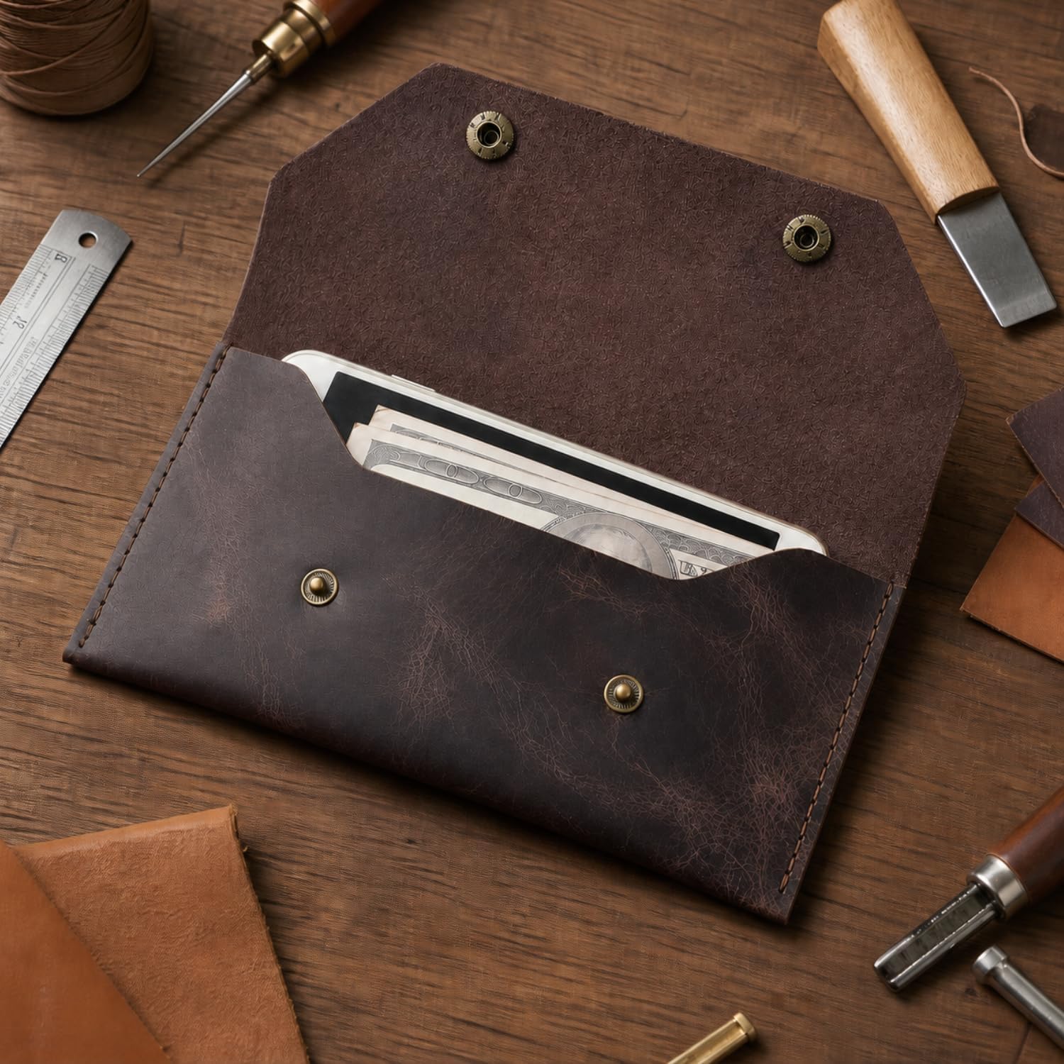 Genuine Leather Cash Envelope Wallet, Two Snap Money Pouch for Men and Women, Reusable Budget Envelope Wallet, Slim Organizer for Cash, Cards, Receipts, Checks and Keys (Dark Brown) image 4