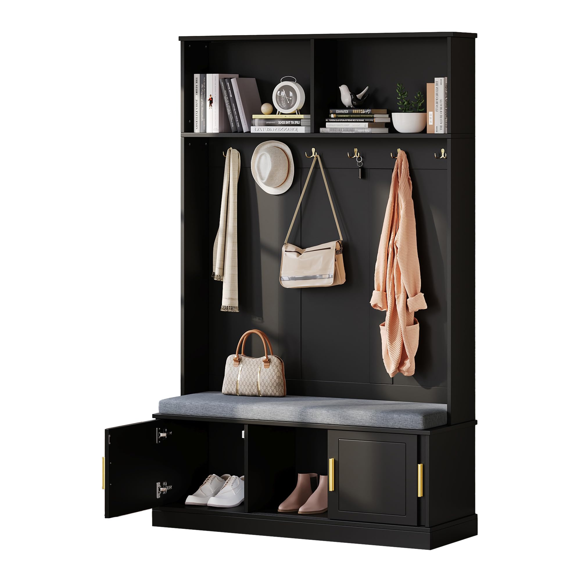 Vestiaire D’Entres avec Banc Et Rangement De Chaussures, Meuble D’Entres avec Porte-Manteau, Ferme Moderne Grange Porte 3-en-1 Arbre Hall avec Tabouret Coussiné Et Crochets pour Le Couloir