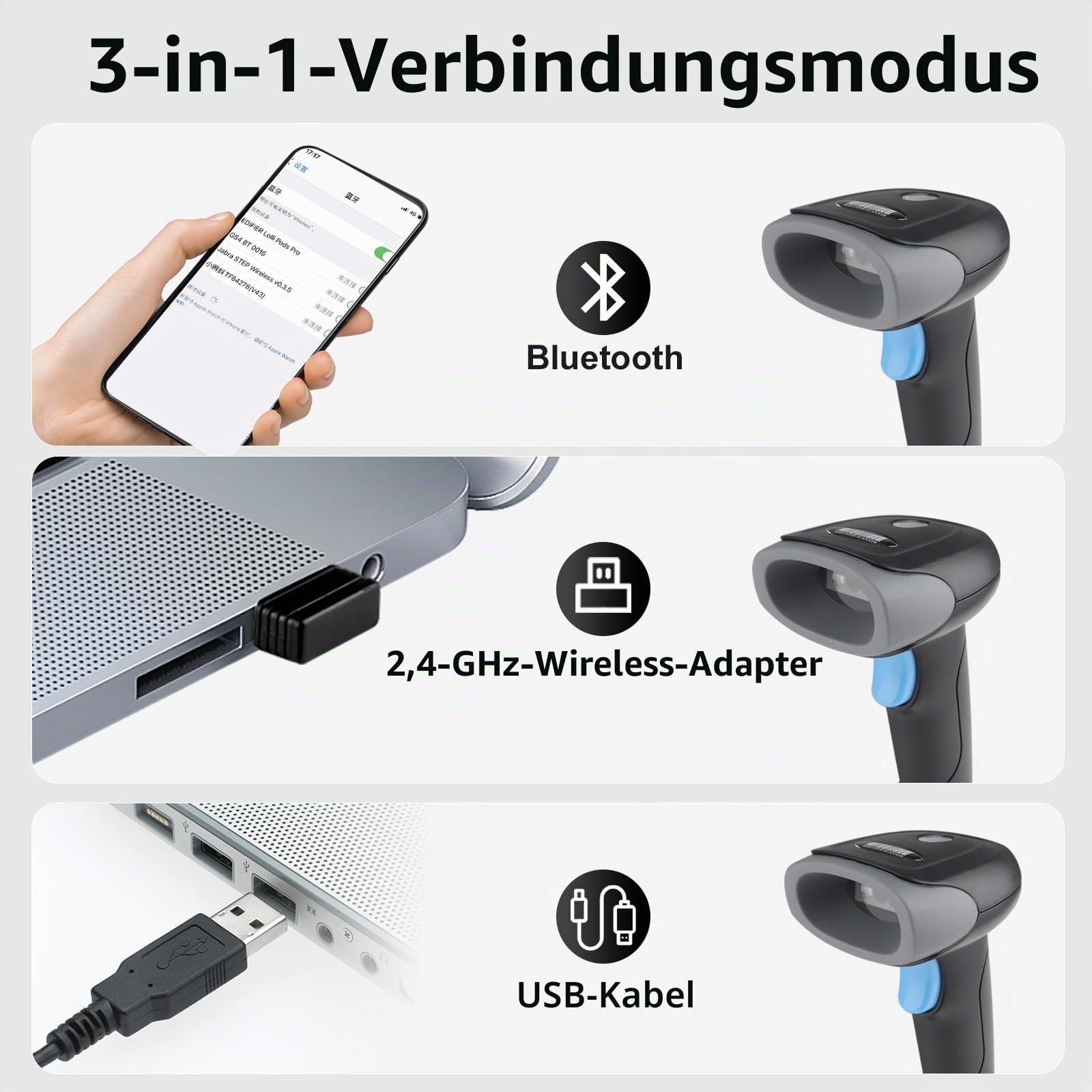 Barcode Scanner Kabellos Bluetooth 2D QR Handscanner, 3-in-1 2.4G Wireless & USB, Bildschirm-Scan, 2000mAh Akku, 1D 2D Barcodes Leser für PC, Smartphone, Tablet, POS-U26