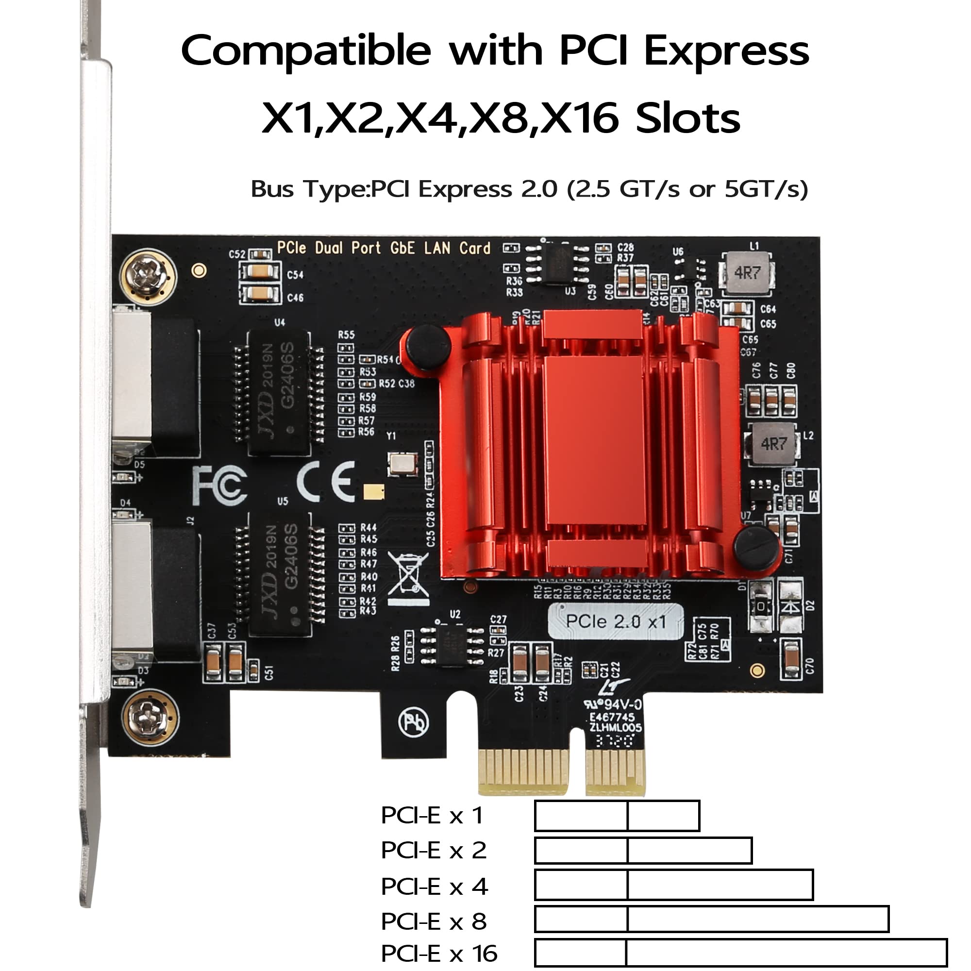 Scheda Ethernet Gigabit PCIe a doppia porta - Intel 82575&82576, 2 porte RJ45, adattatore PCI Express 1000M, supporto PXE e Low-Profile - Compatibile con Windows/Windows Server/Linux/FreeBSD/DOS