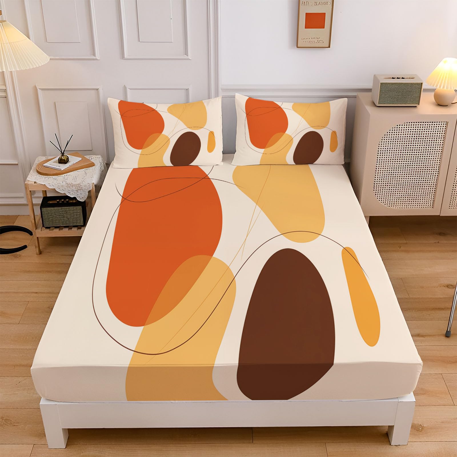 Drap housse 120x190 beige avec parure de lit 3 pièces géométrie abstraite pour lit 1 personne