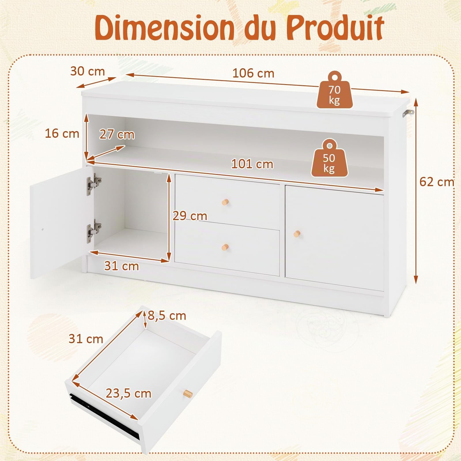 GOPLUS Organiseur de Rangement avec 2 Tiroirs, 2 Armoires Fermées (Blanc)