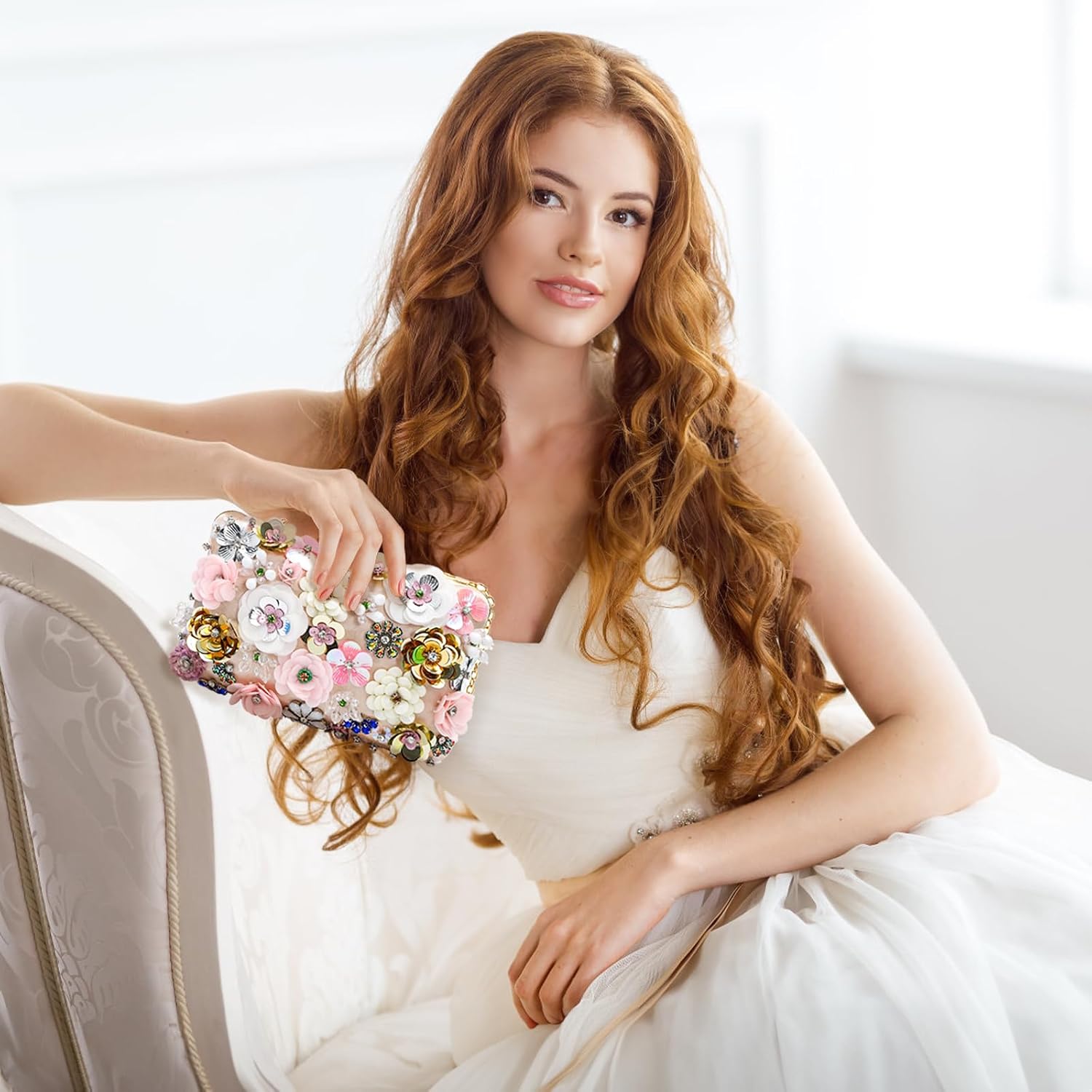 Flower Clutch Evening Bag, Fancy Floral Evening Bag Purse for Woman, Colorful Embroidery Beaded Clutch with 2 Chain Straps, Bride Wedding Handbag Crossbody Shoulder Bag - Image 3