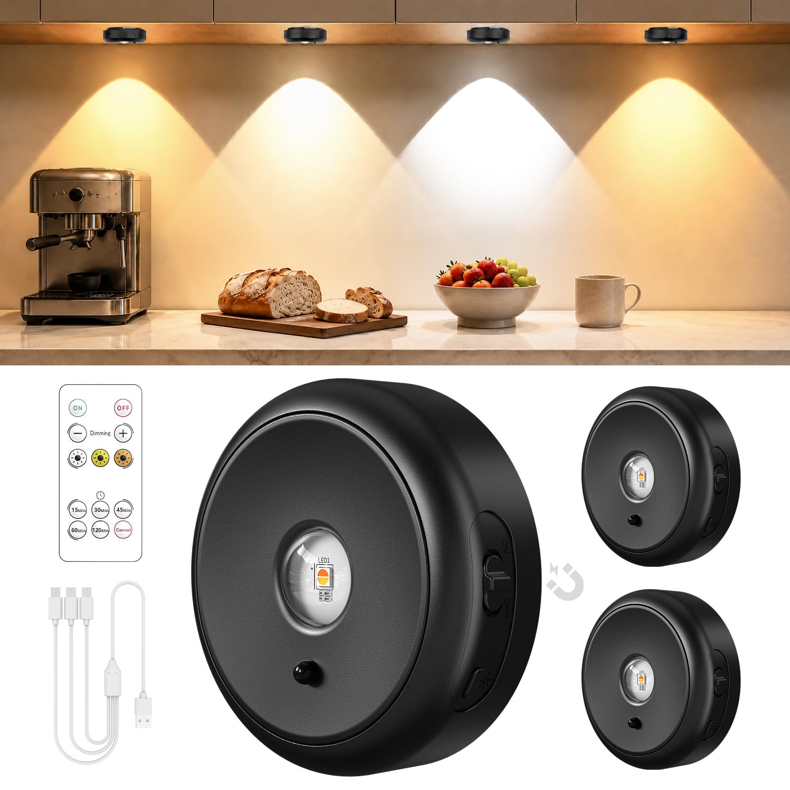 GOODEA 2200mAh Remote Control Puck Lights, Rechargeable Under Cabinet Light