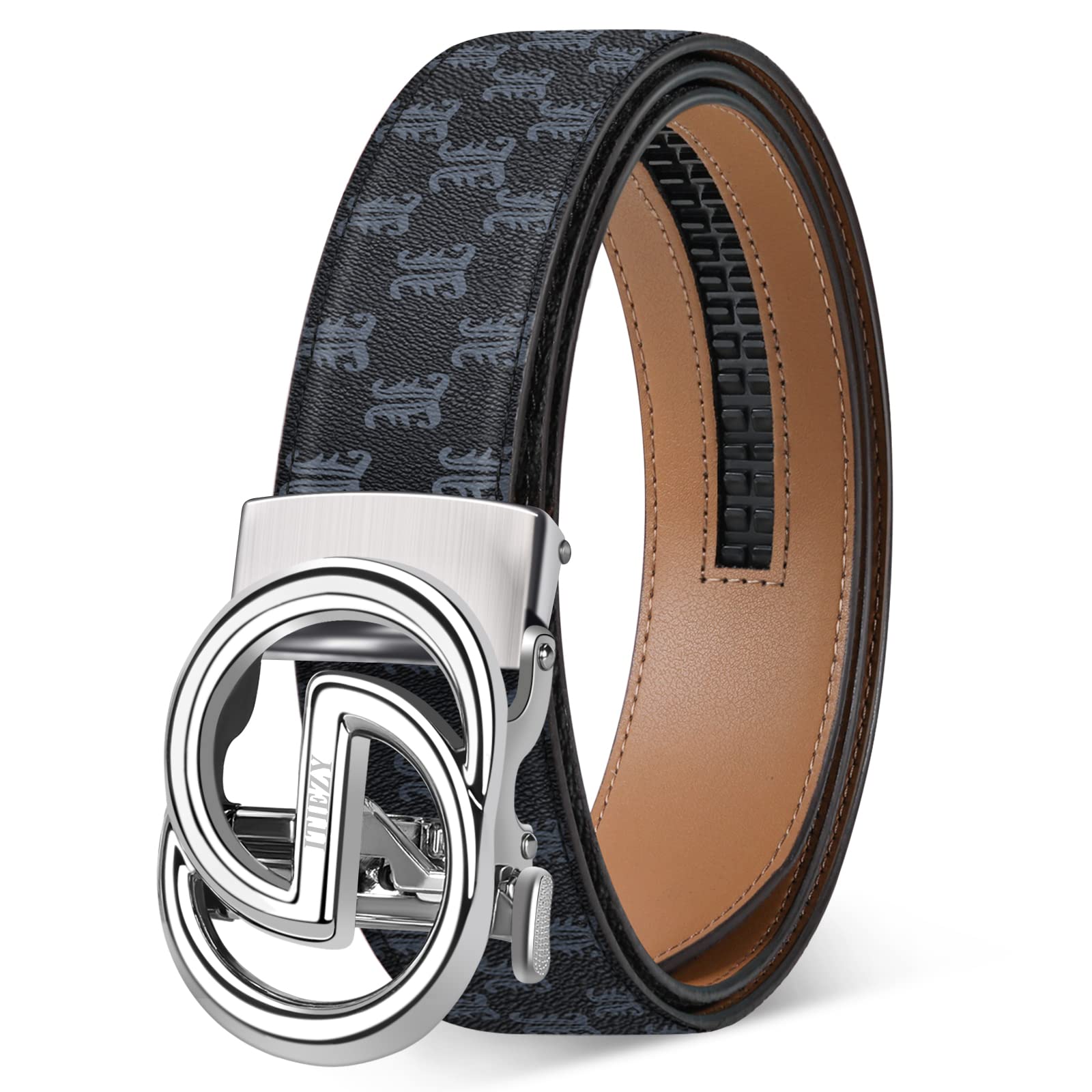 ITIEZY Ratchet Belts for Men - Leather Click Belt for Casual Dress 1 3/8", Mens Adjustable Belt Trim to Fit