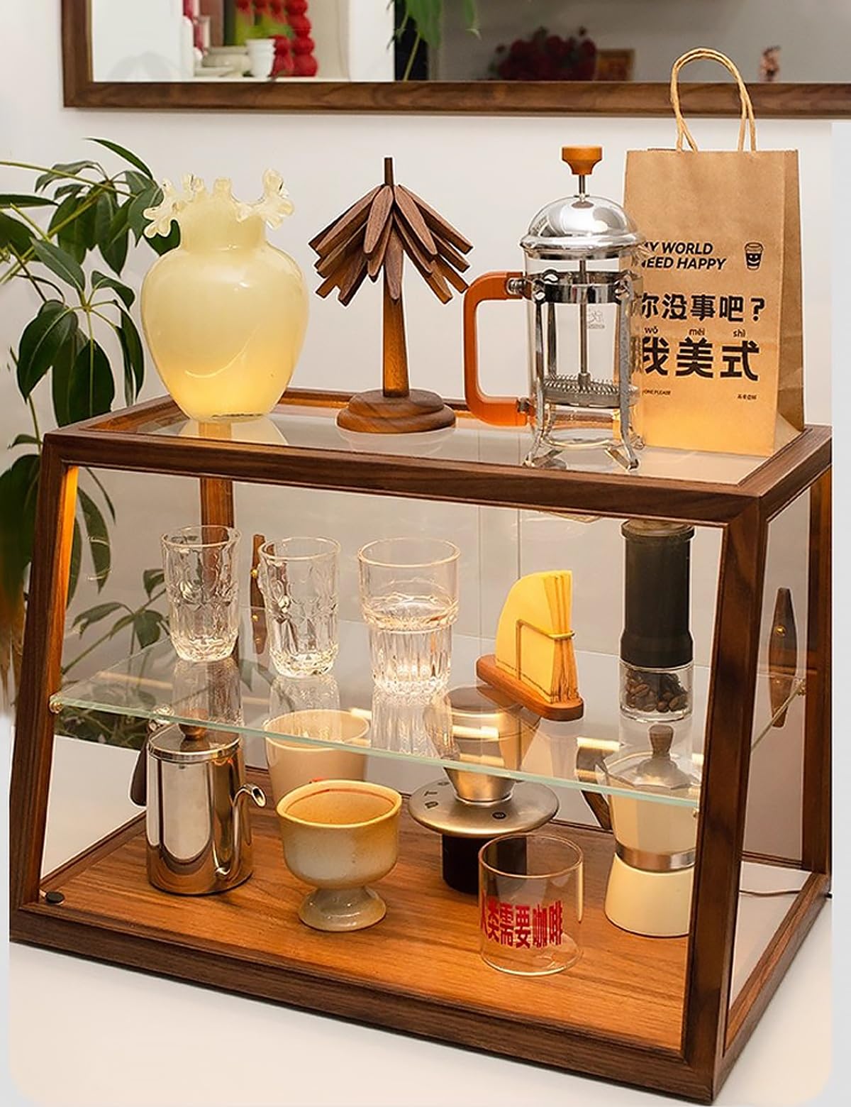 Vitrina de pastelería de 2 Niveles, de Cristal, 60 cm (23,6 Pulgadas), Trapezoidal, con iluminación LED y Mueble de Madera. Ideal para Pasteles, Donuts y Uso Comercial.